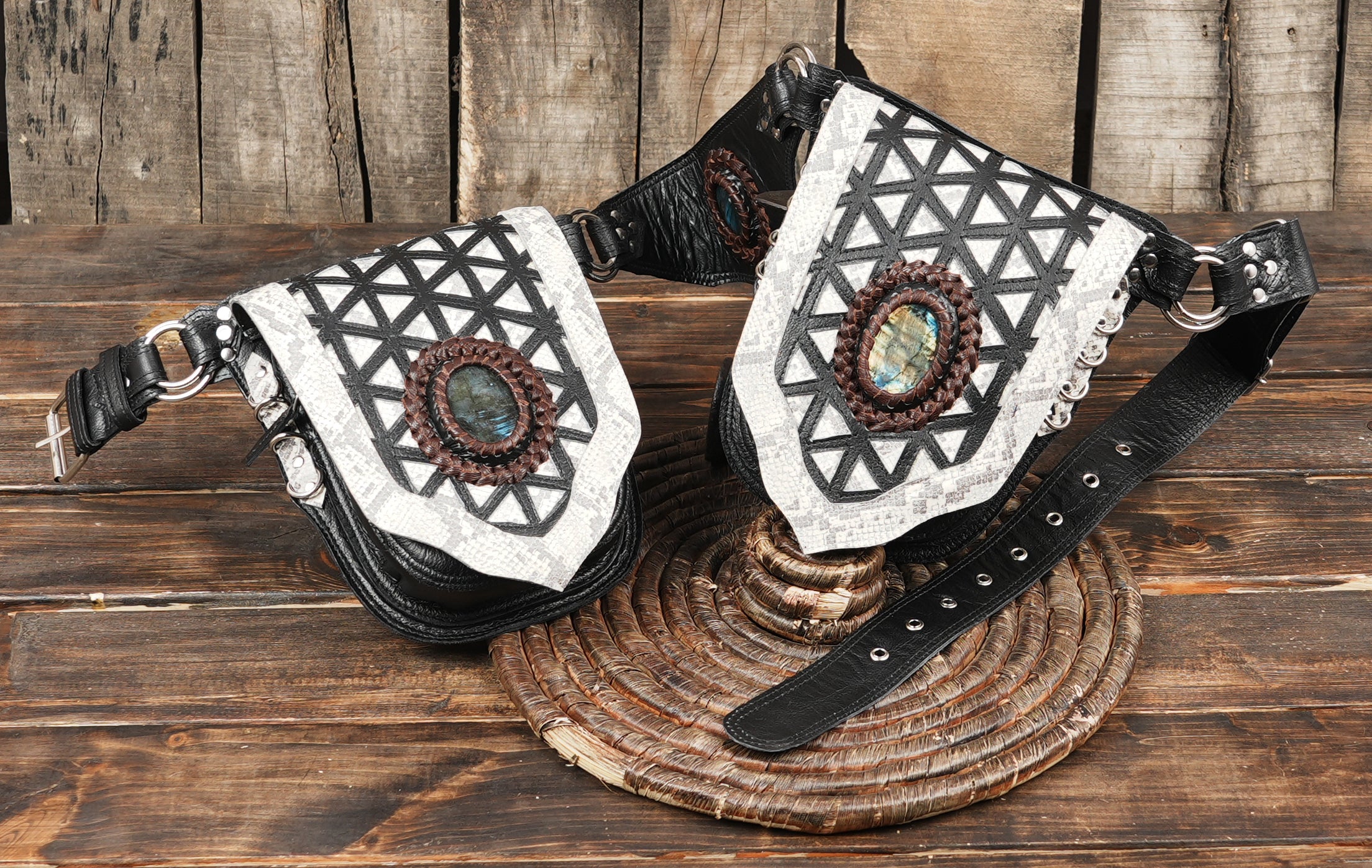 Premium Leather Waist Bag with Tribal Stone Embellishment