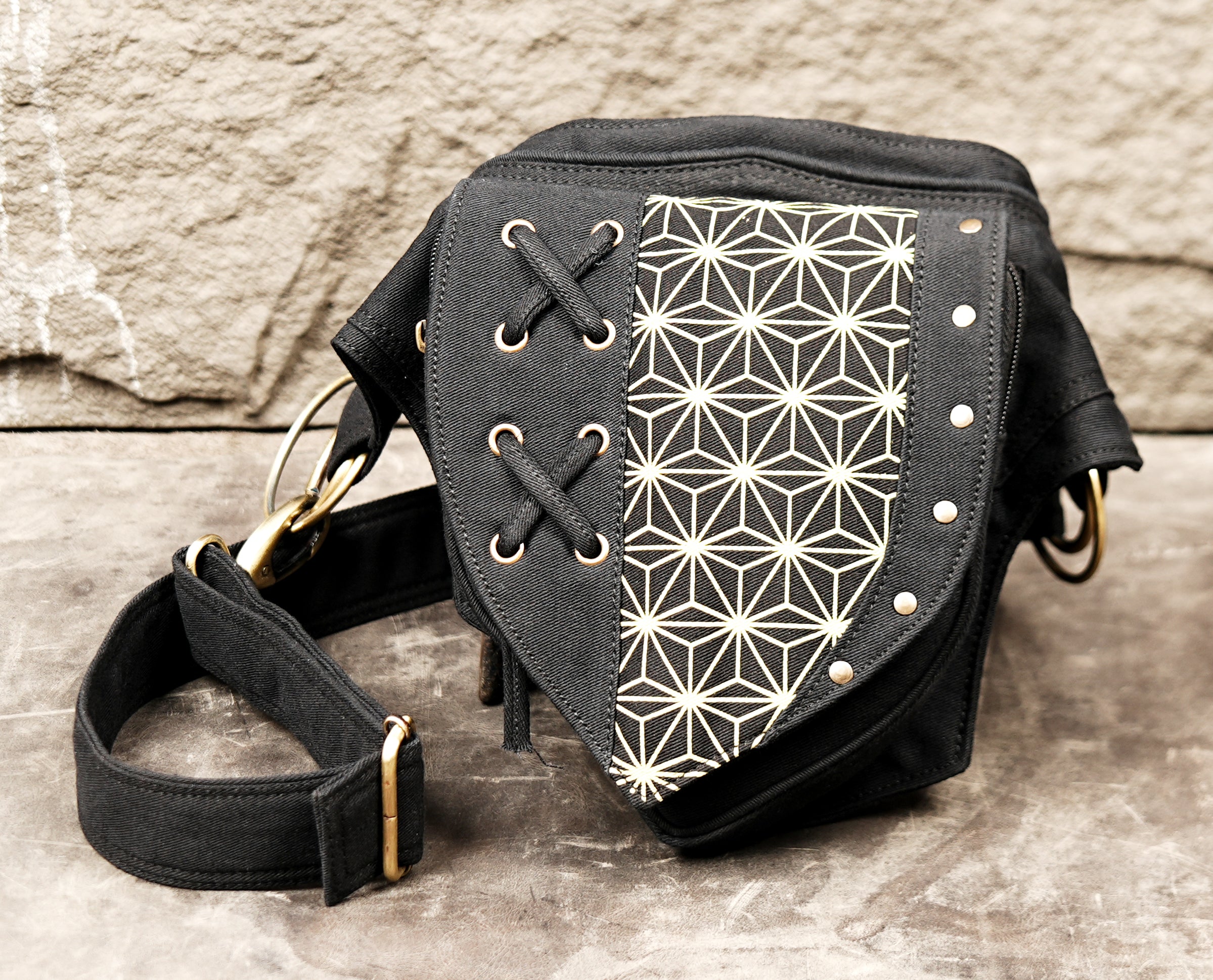 Black Cotton Waist Belt Bag, Geometric Festival Hip Pouch, Lace Up Utility Pack, Unisex Travel Accessory (CTN/AB/WB/1002)