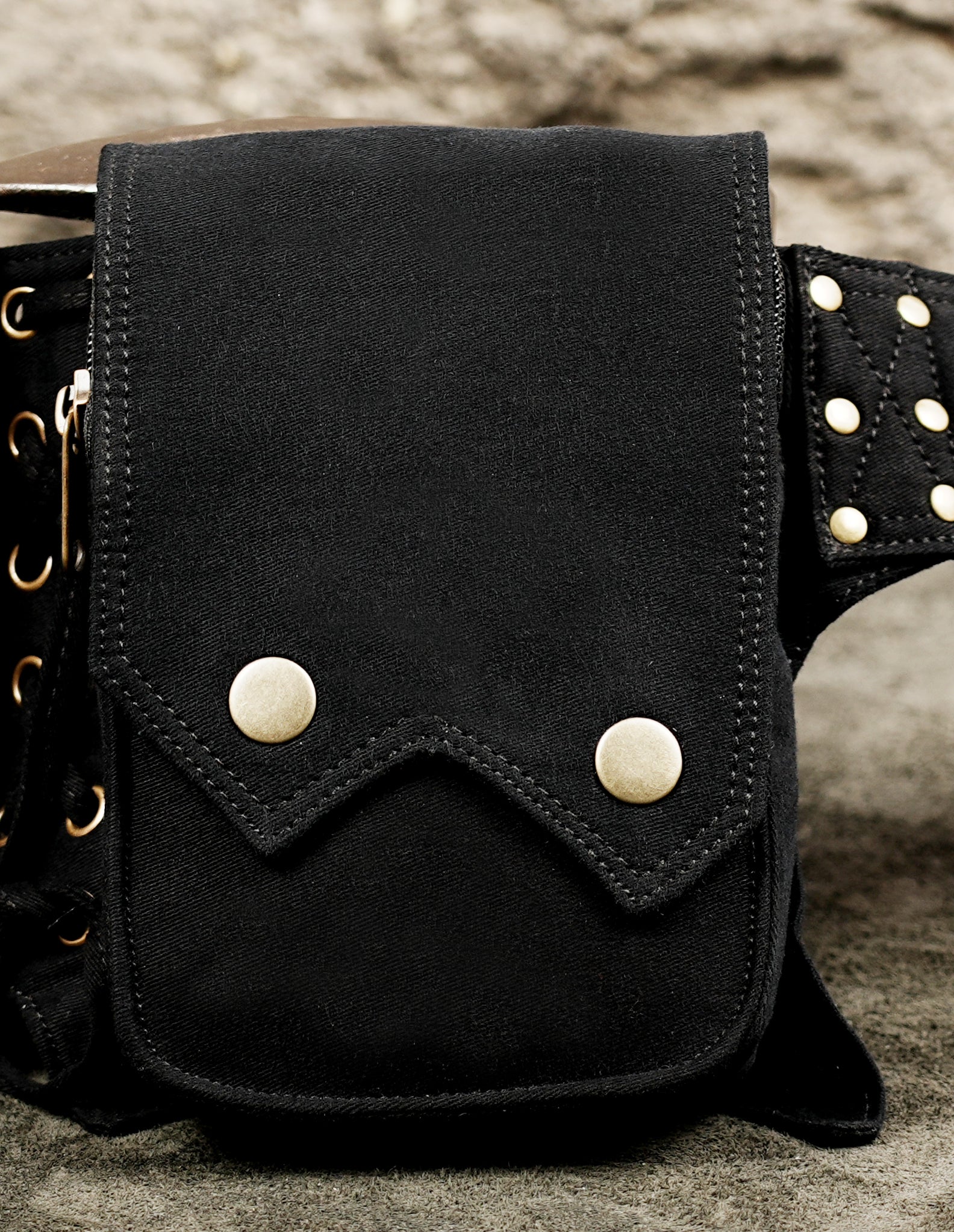 Gothic black cotton utility belt with multiple pockets and metal hardware