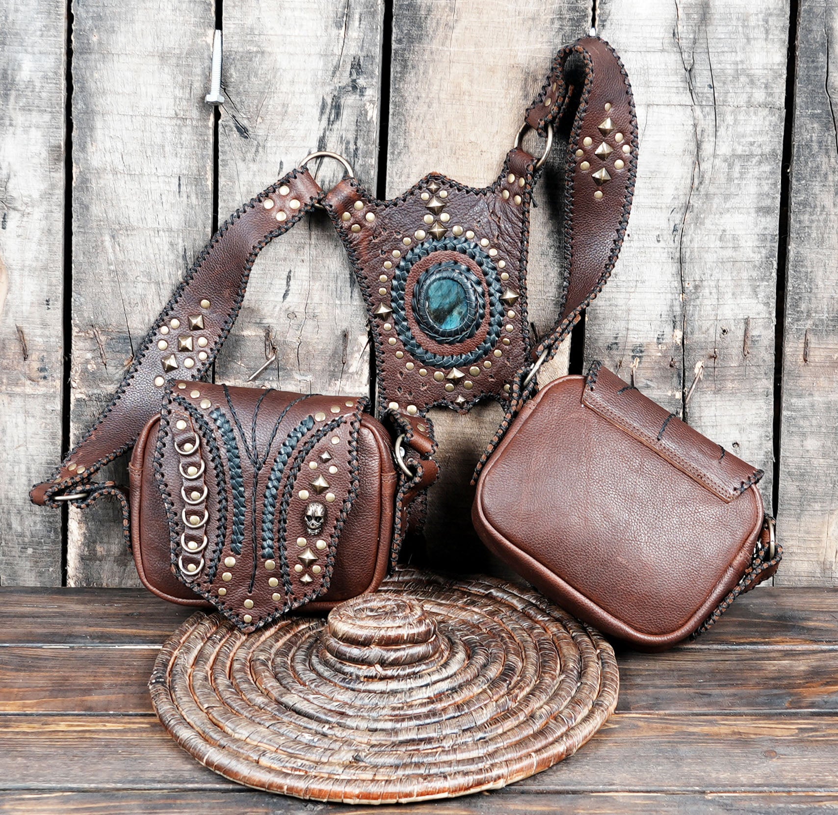 Handcrafted Studded Leather Shoulder Holster Set || Steampunk Explorer Leather Holster Harness (LT-AB-HLS-6020)