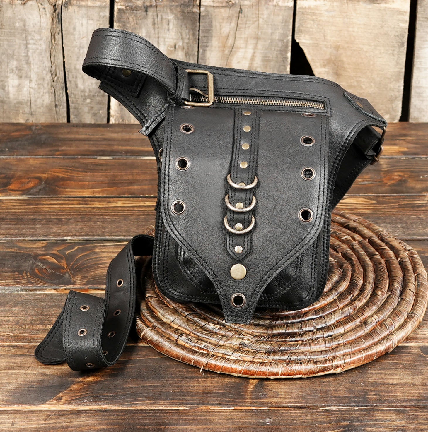 "Cosplay leather utility waist bag with gothic steampunk design"