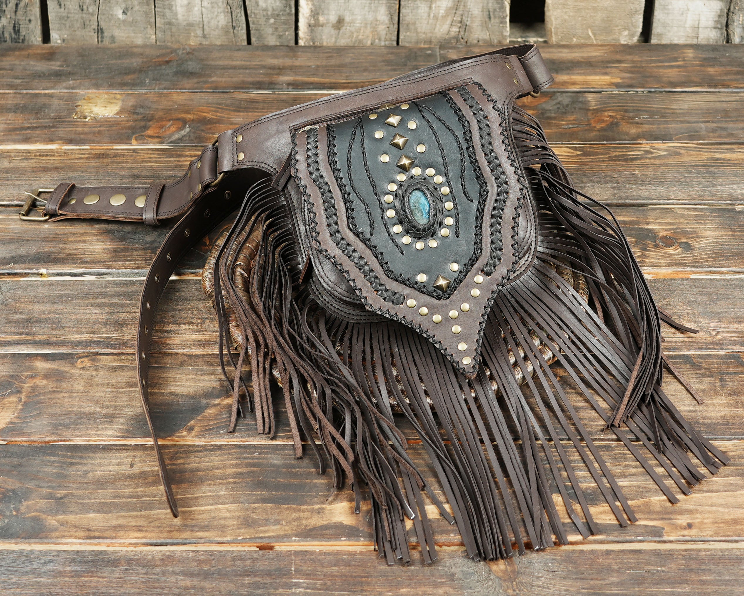 Burning Man leather hip pouch with fringe and stone accent