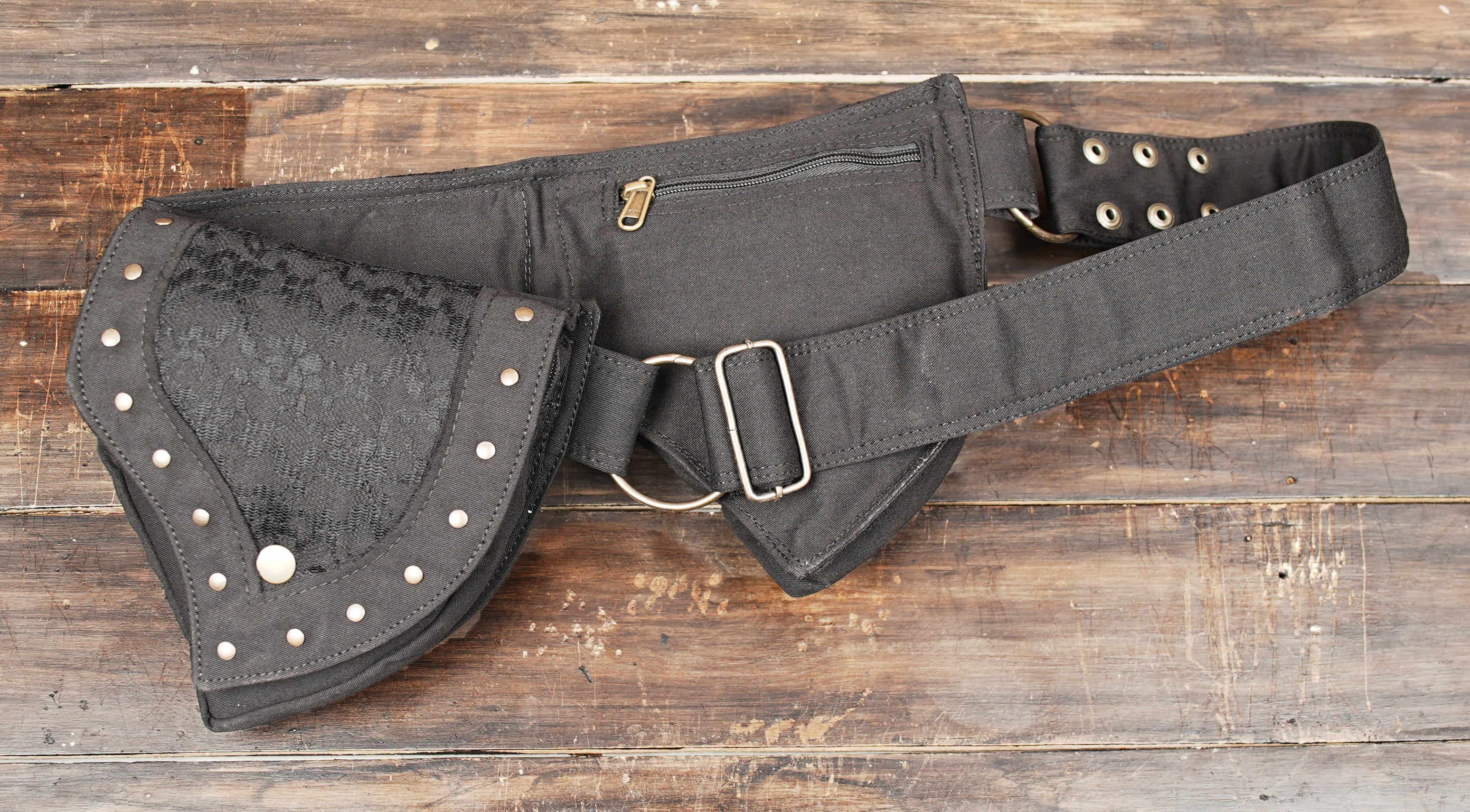 Bohemian fairy utility waist pack with three compartments and metal studs
