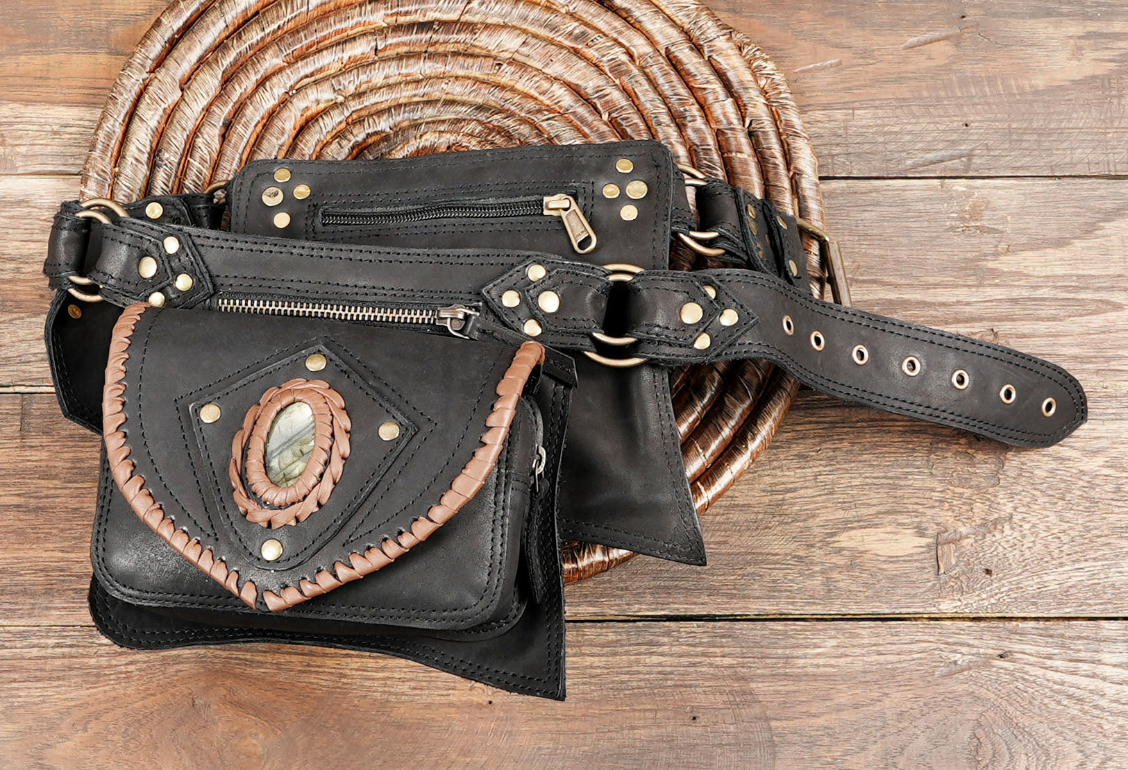Genuine Leather Waist Belt with Gemstone Accents and Triple Pouches || Boho Steampunk Leather Utility Belt with Oval Stone Details (LT-AB-WB-6083)