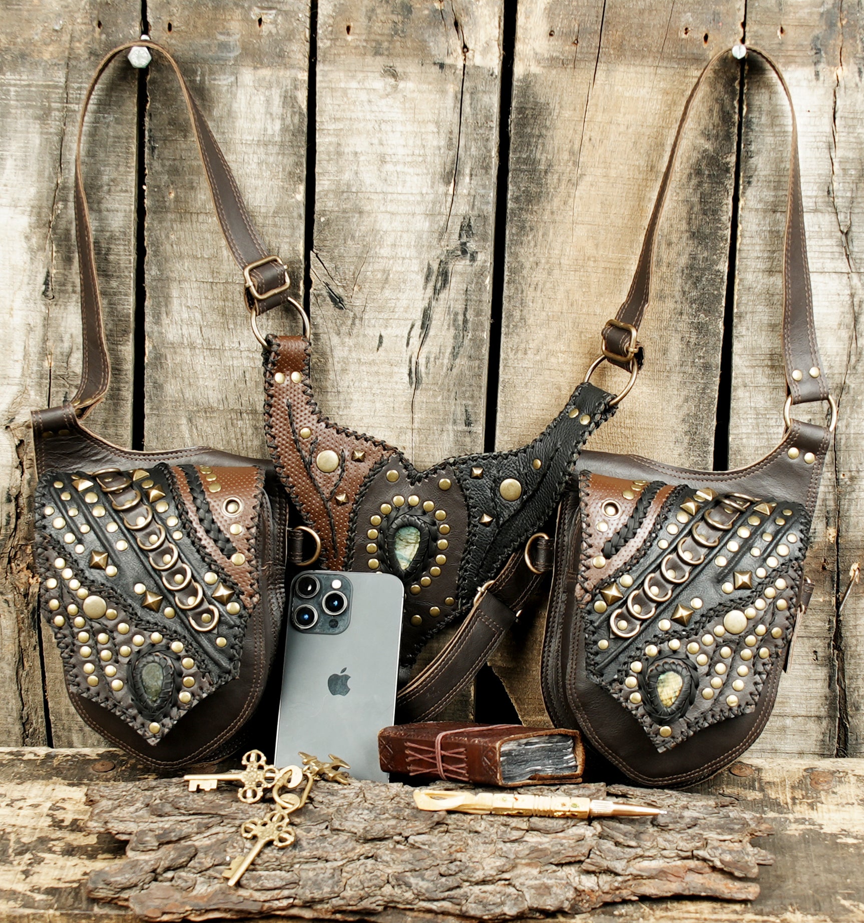 Warrior style leather shoulder holster with gemstone accents