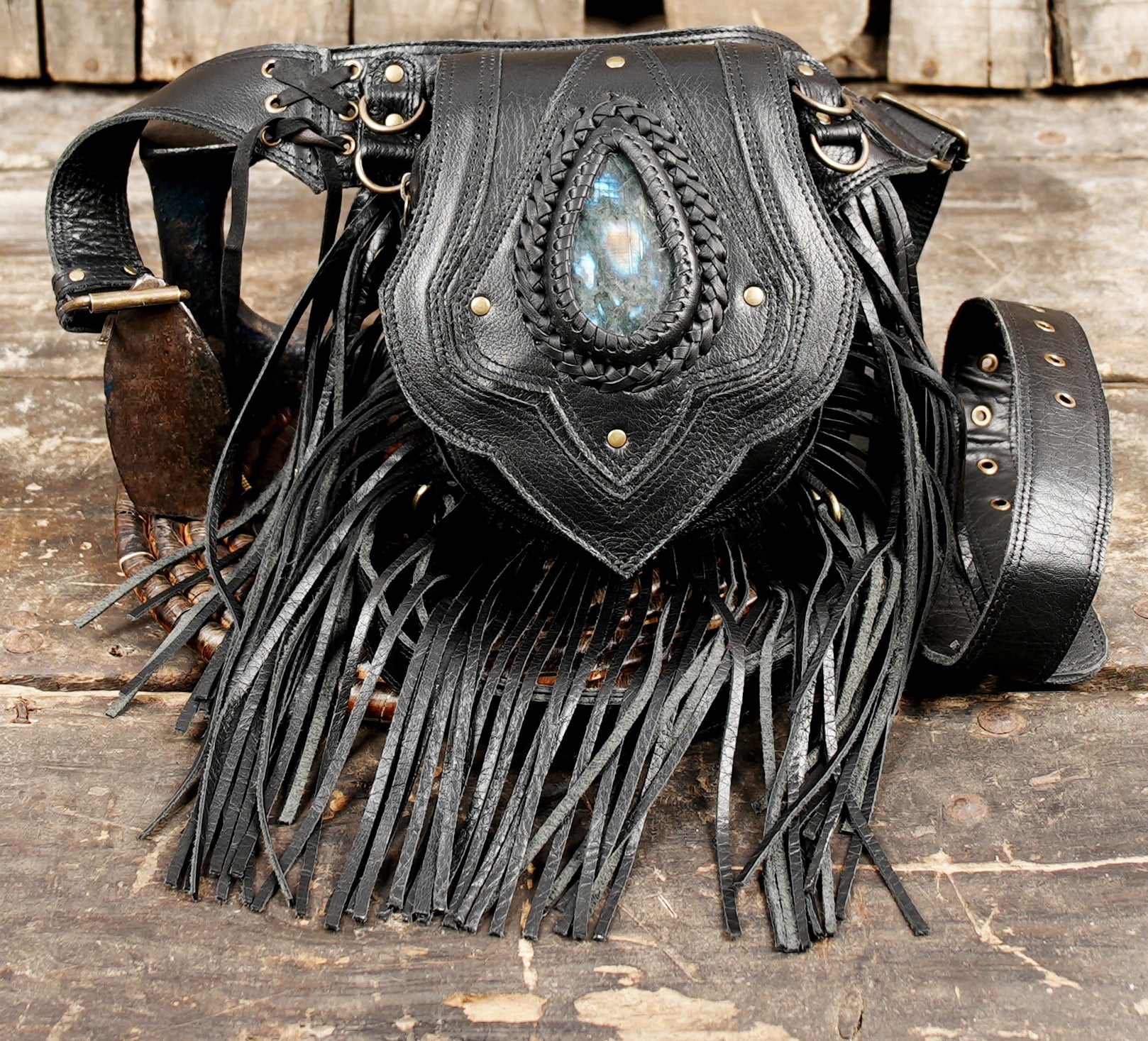 Handmade Black Leather Fringe Belt Bag: Festival Hip Pouch WITH GEMSTONE 