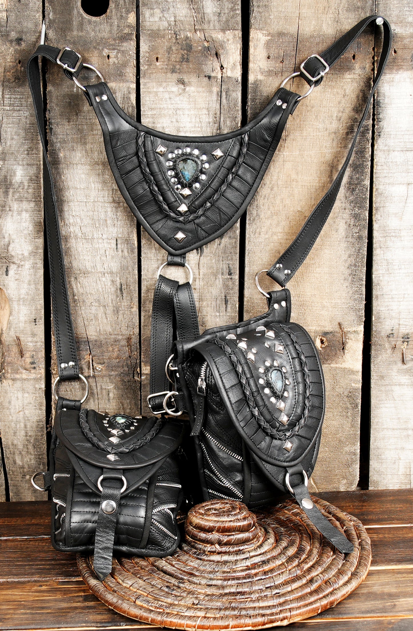 “Handmade Leather Holster Belt with Dual Utility Pouches ||Boho-Steampunk Leather Holster with Layered Stitching and Studs  (LT-NS-HLS-6004)