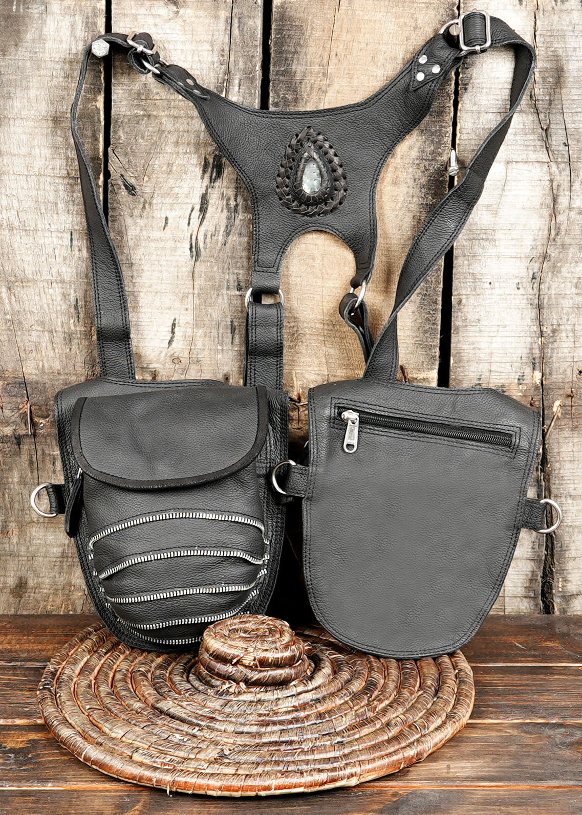 Steampunk-inspired black leather utility holster bag