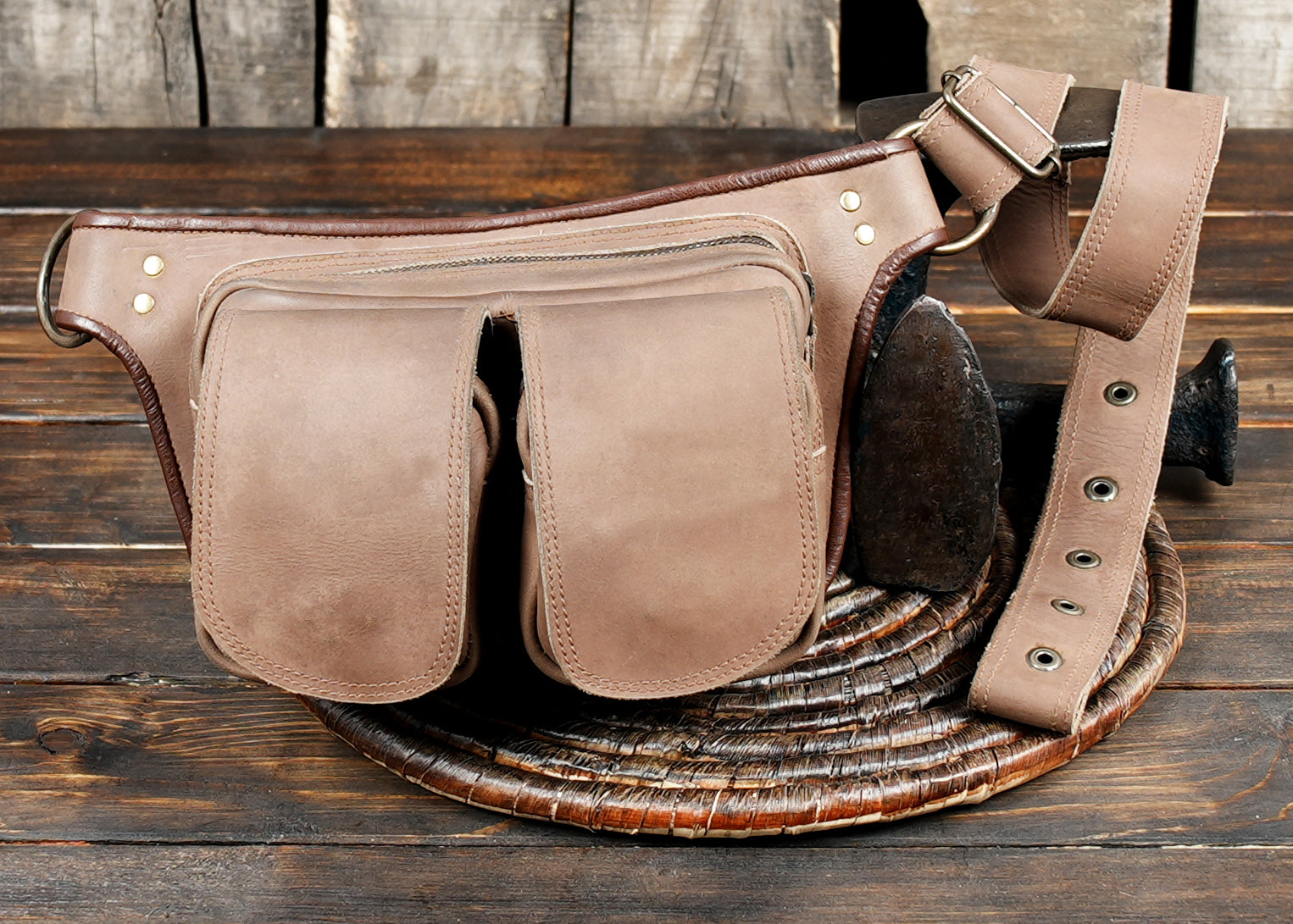 Minimalist leather waist belt bag with dual compartments