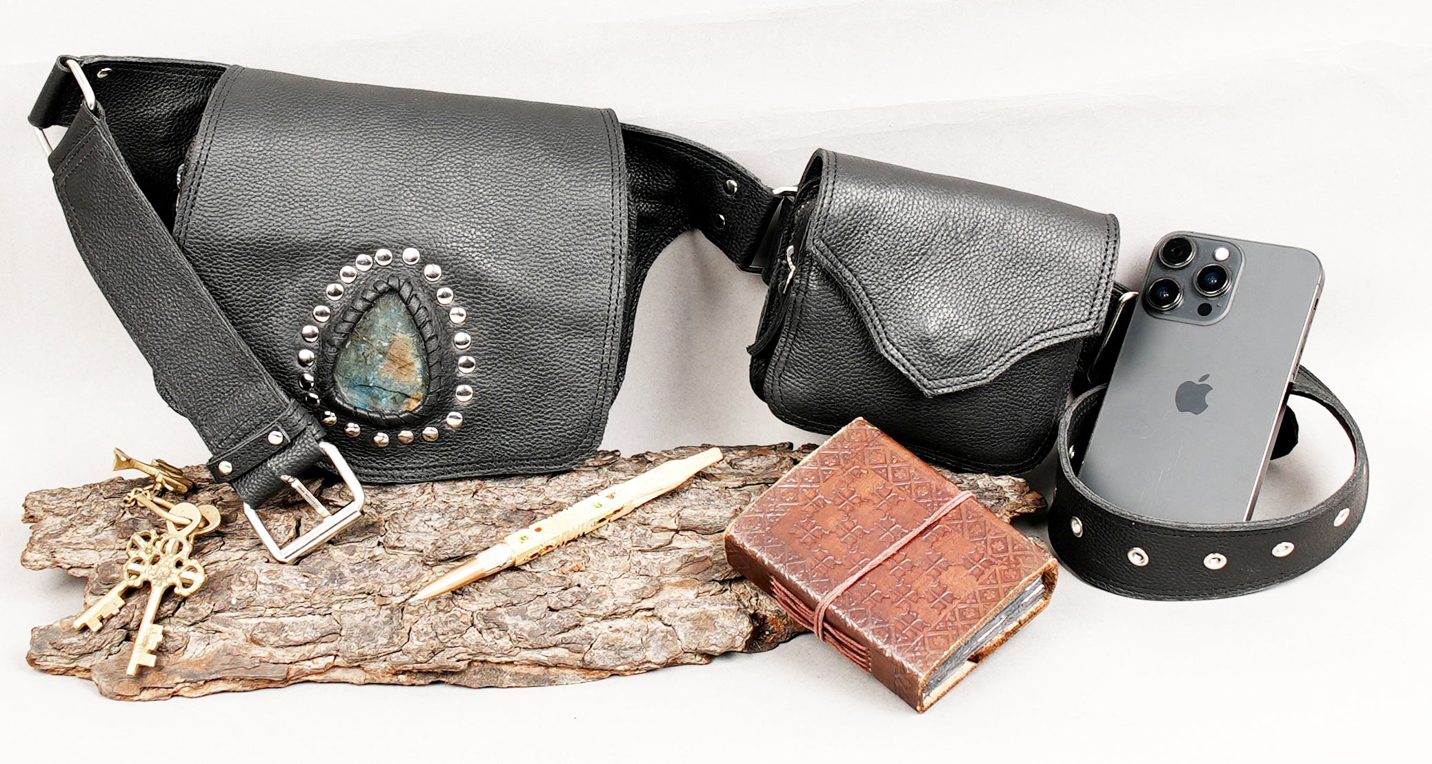 Leather waist belt bag with metal stud and stone design