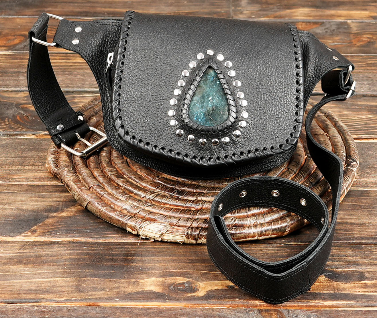 Handmade Leather Gemstone Belt Bag: Festival Hip Pack with pocket 