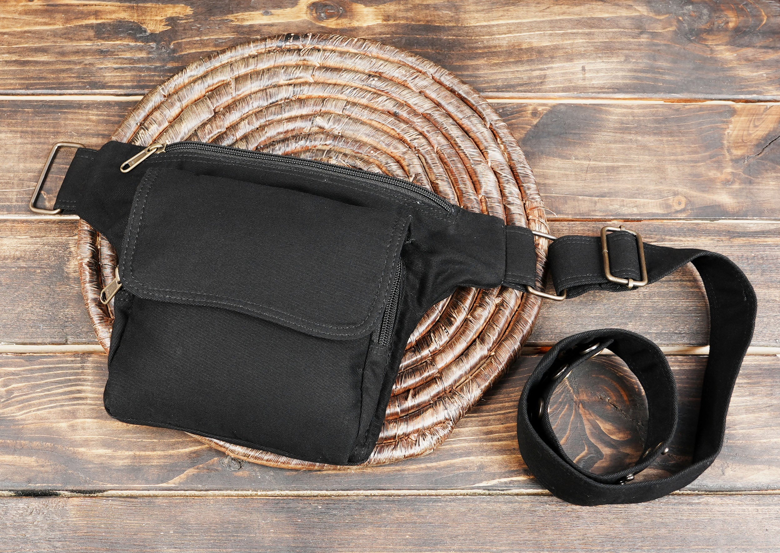 Festival Waist Belt Bag in Black Cotton with Secure Zipper Compartments