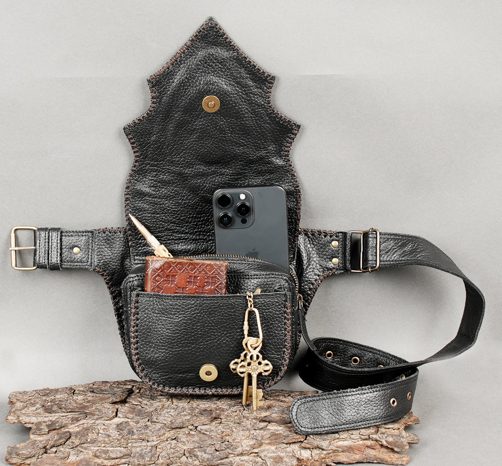 Black leather festival belt with gemstone and hand-stitched edging