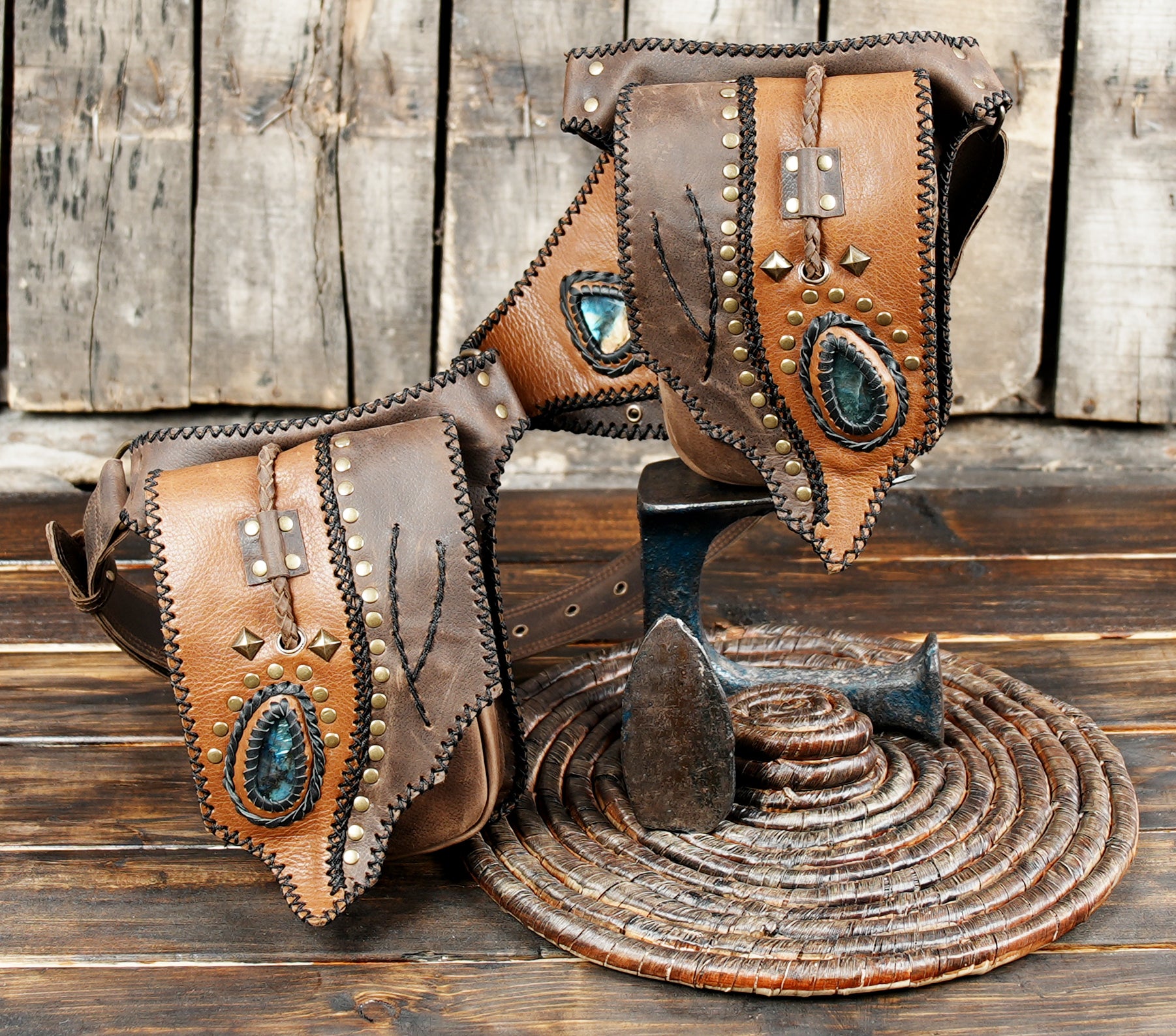 Handmade Leather Waist Belt with Utility Pouches || Boho Leather Waist Belt with Dual Pouches and Stone Detail (LT/AB/WB/6169)