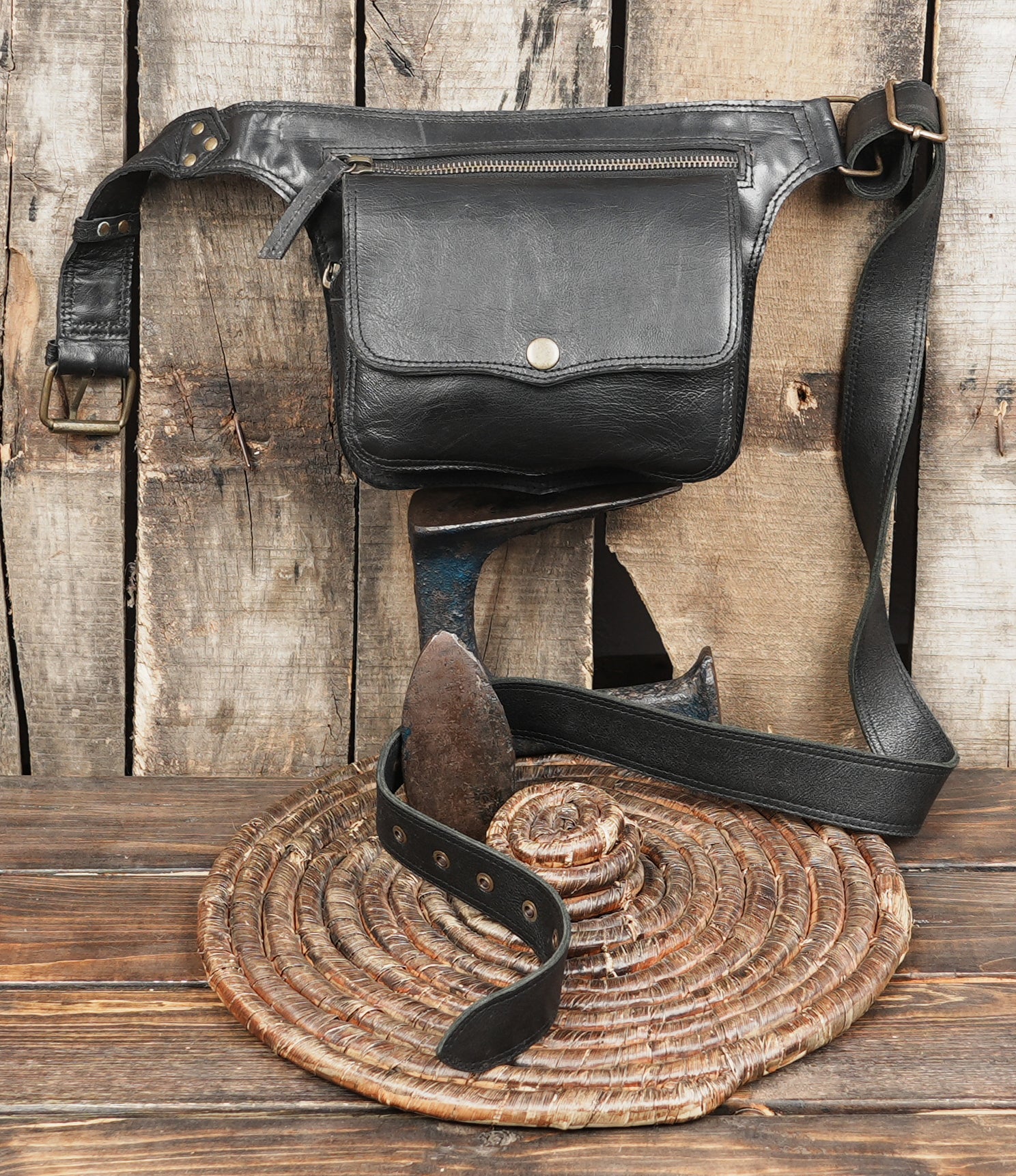 Leather travel belt bag with secure front compartment