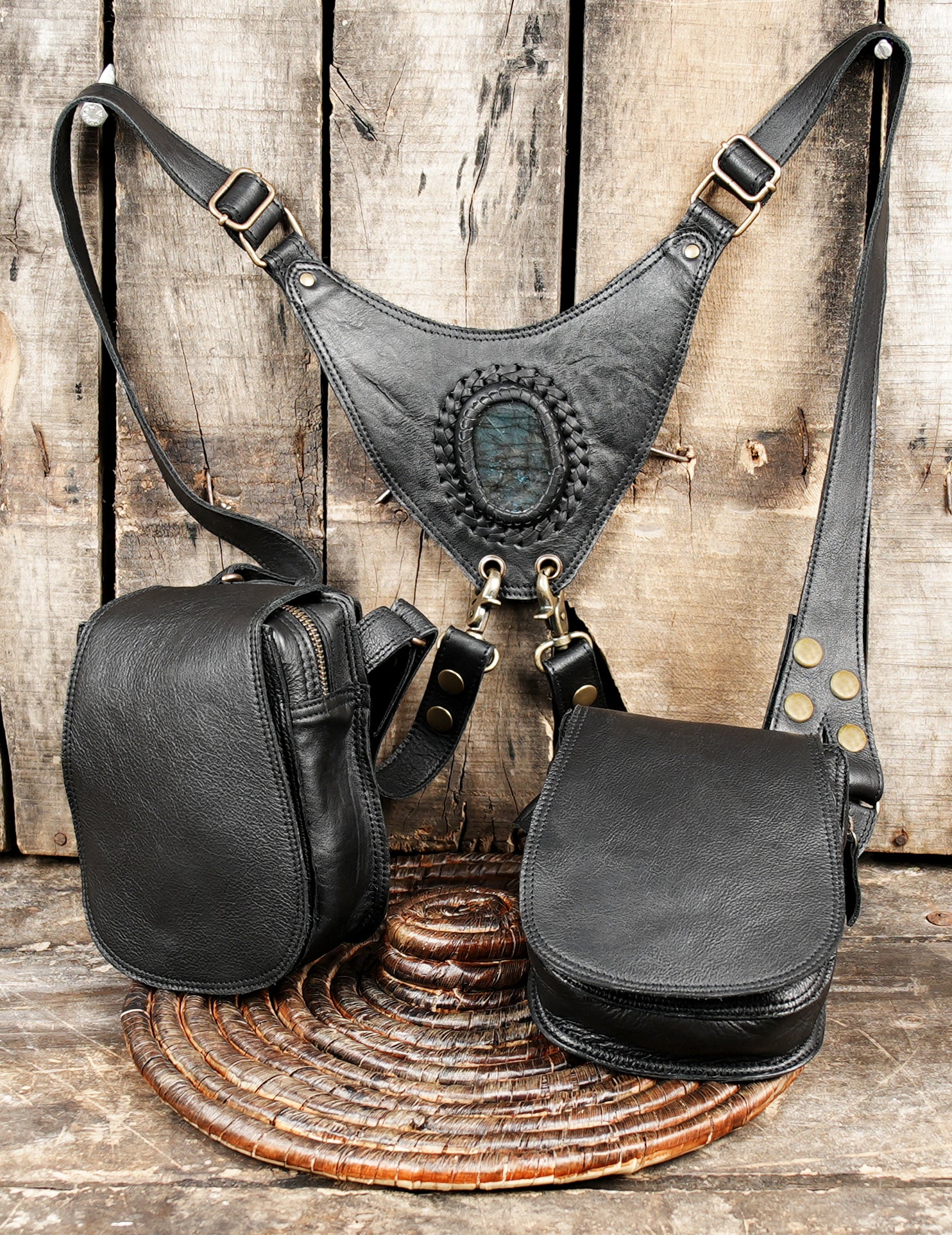 Gothic leather holster harness with gemstone centerpiece