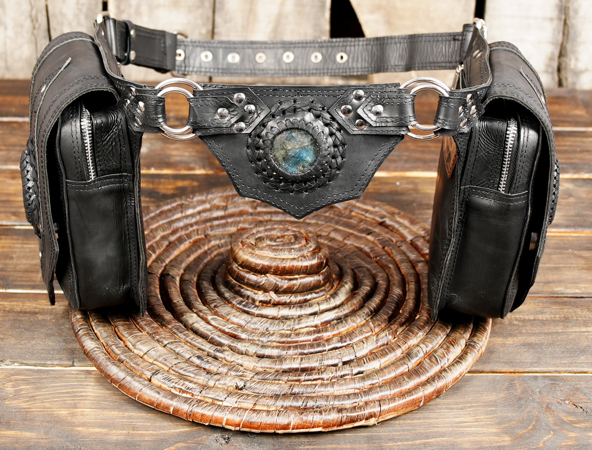 Handmade black leather waist belt with stone centerpiece