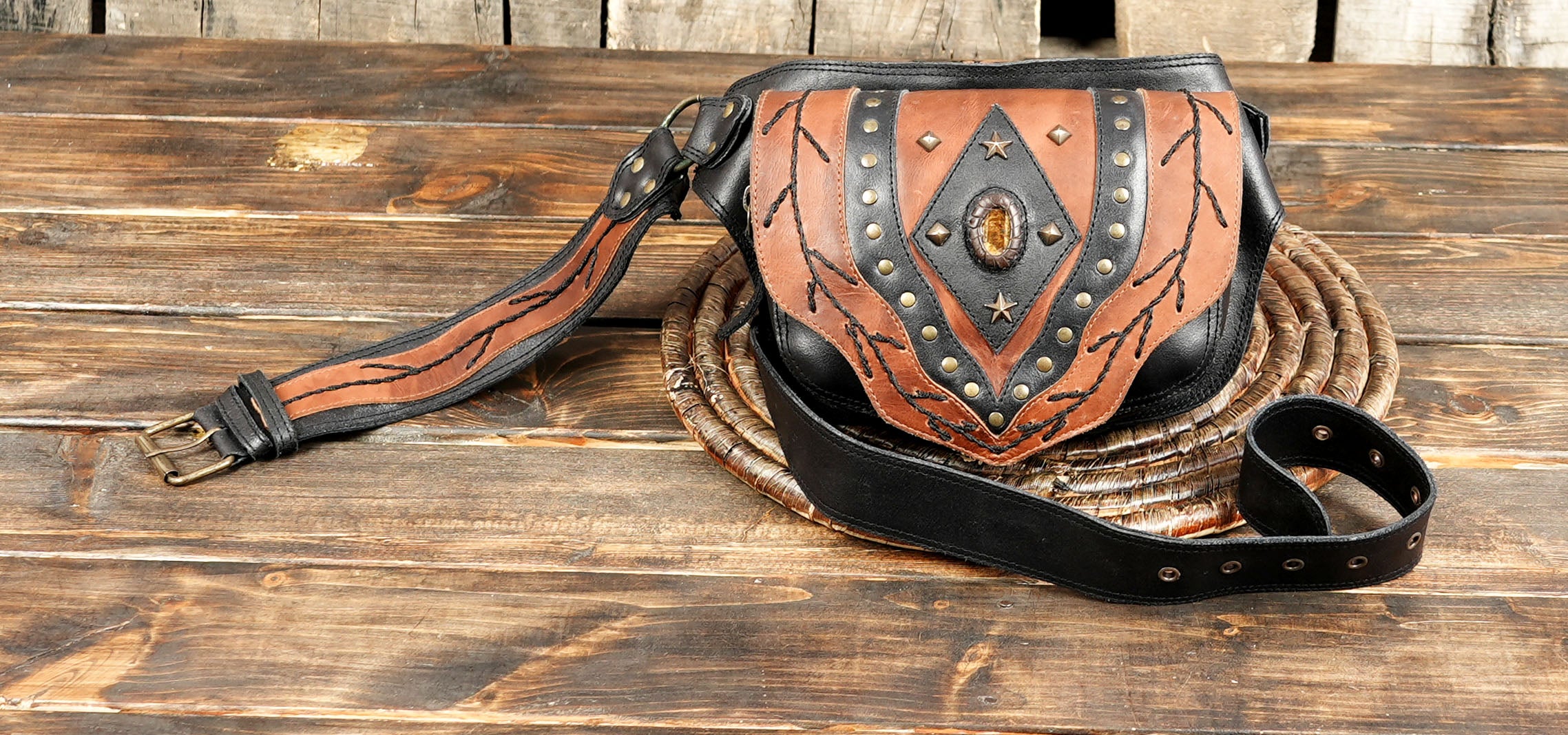 Artisan handmade leather hip bag with adjustable strap