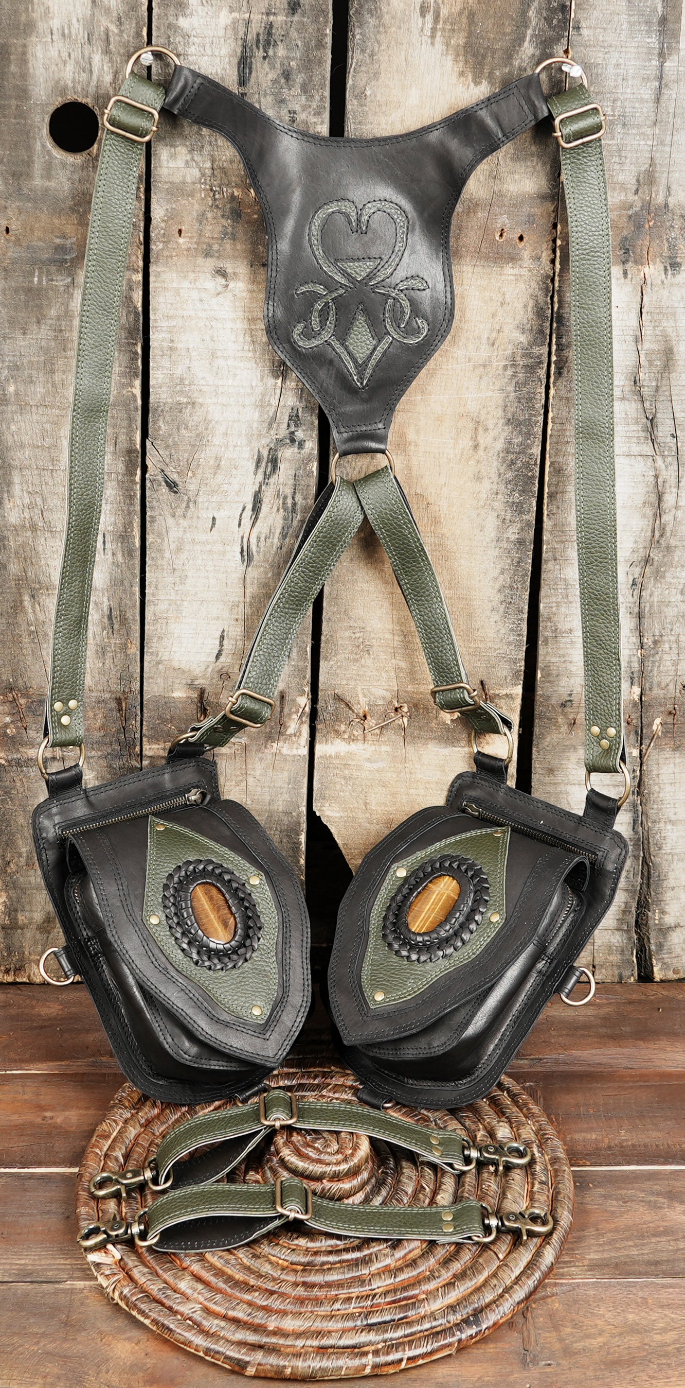 Steampunk inspired leather holster with gemstone and layered stitching