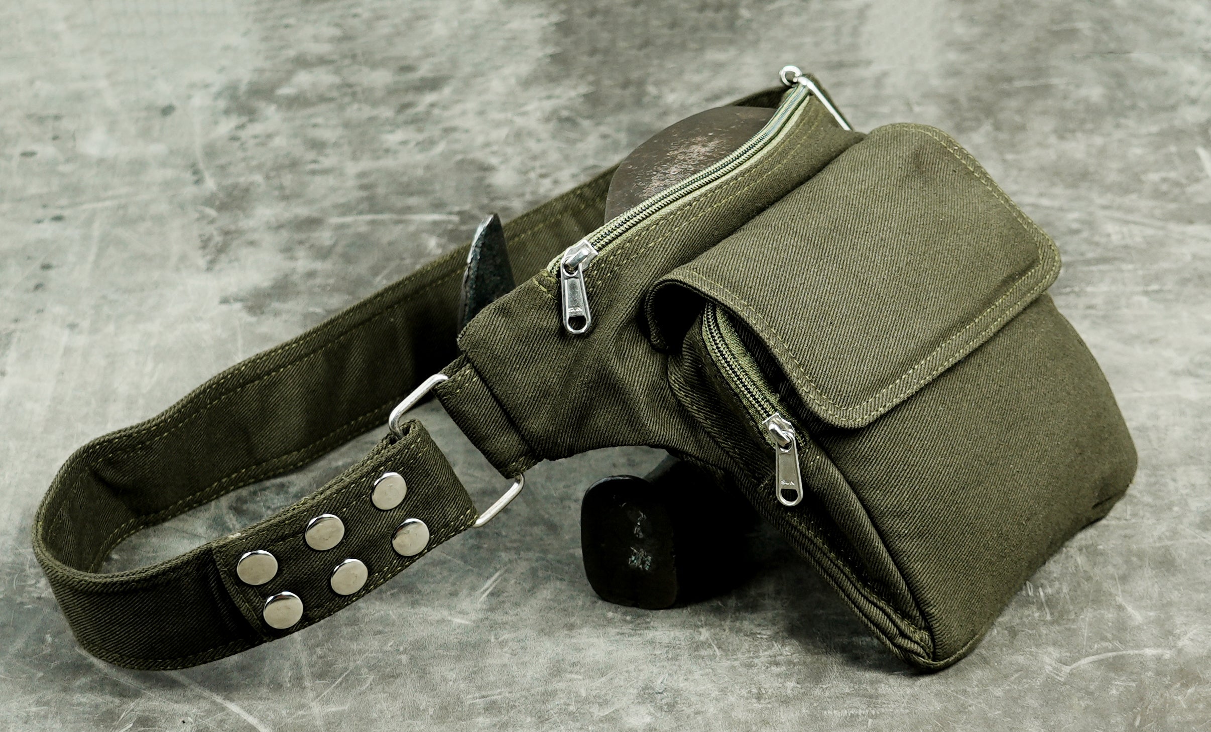Olive cotton festival fanny pack with snap button belt closure