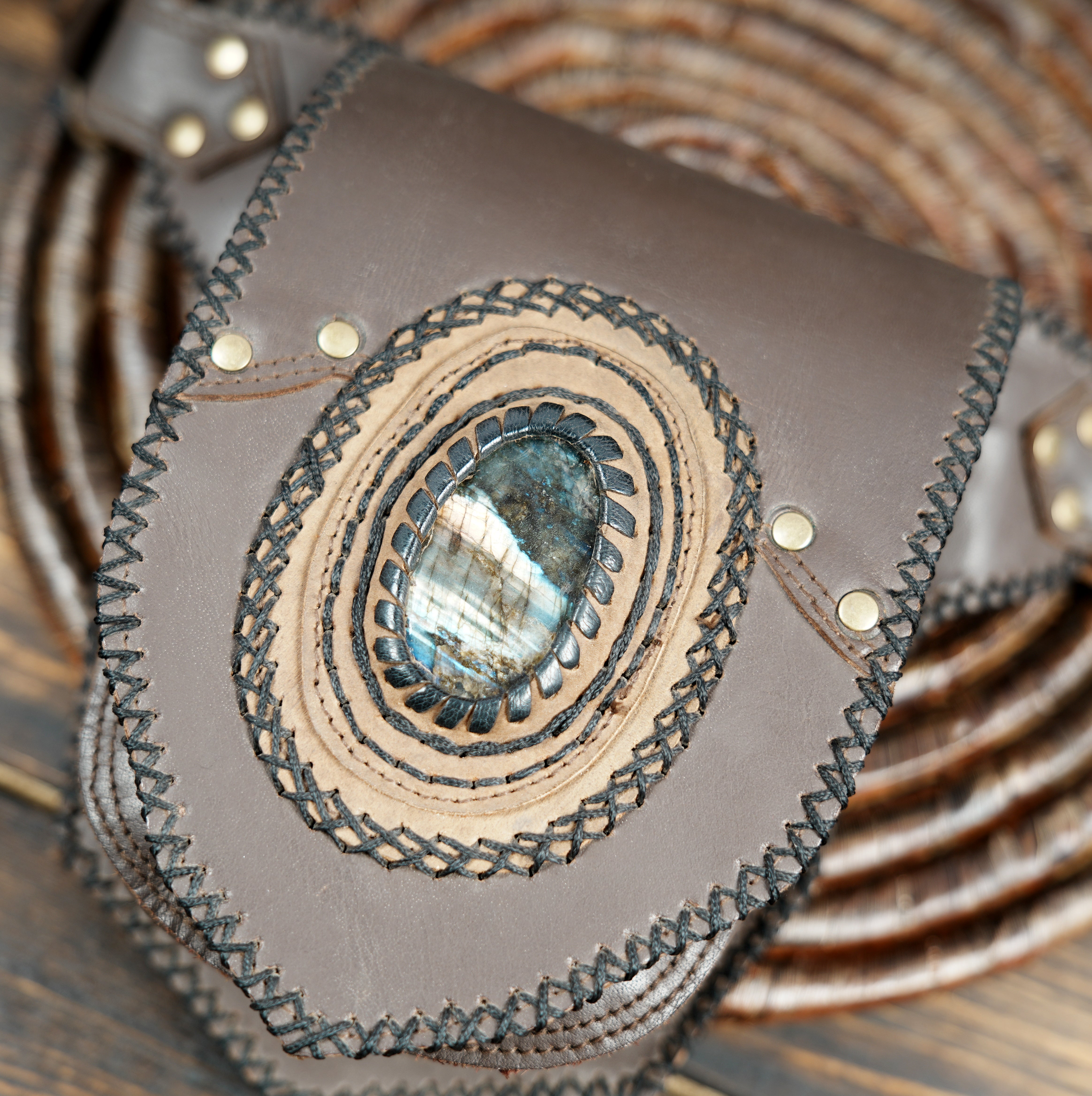 Brown leather hip belt with oval gemstone accent