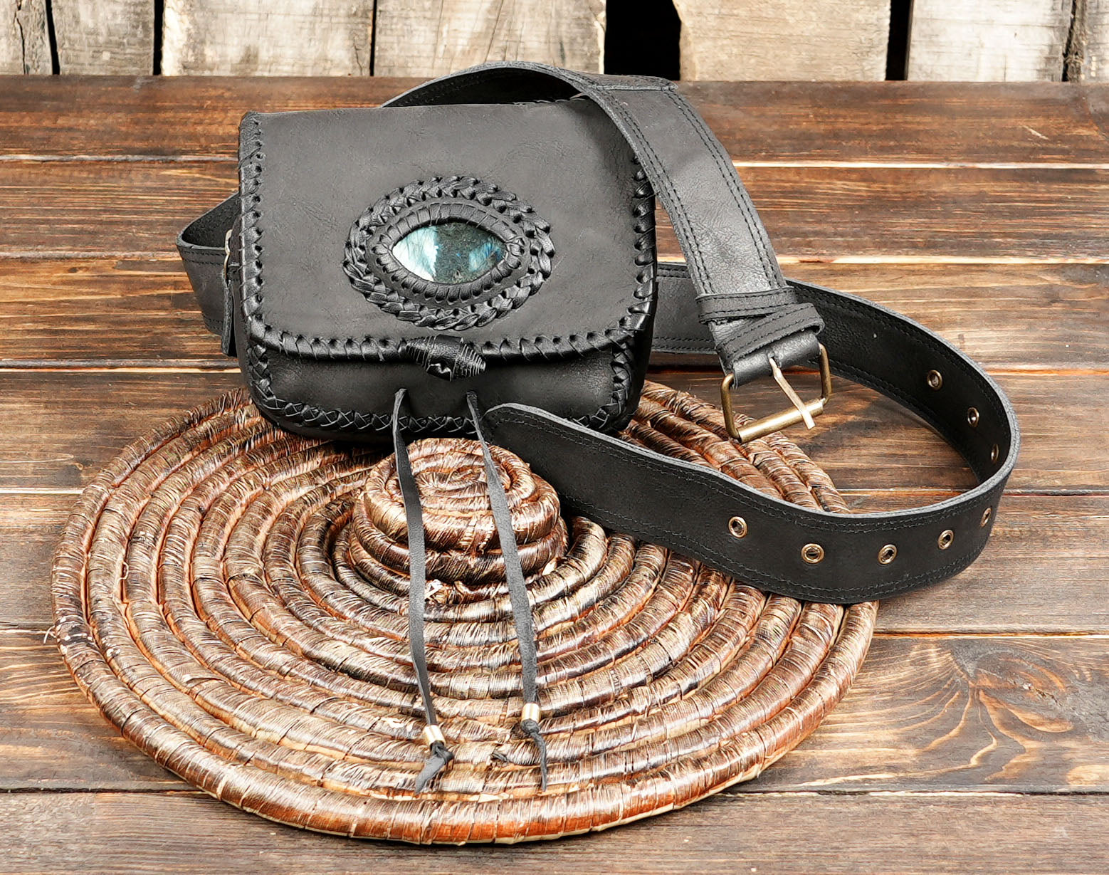 Handmade Black Leather Waist Belt with Labradorite Stone (LT-AB-WB-6163)