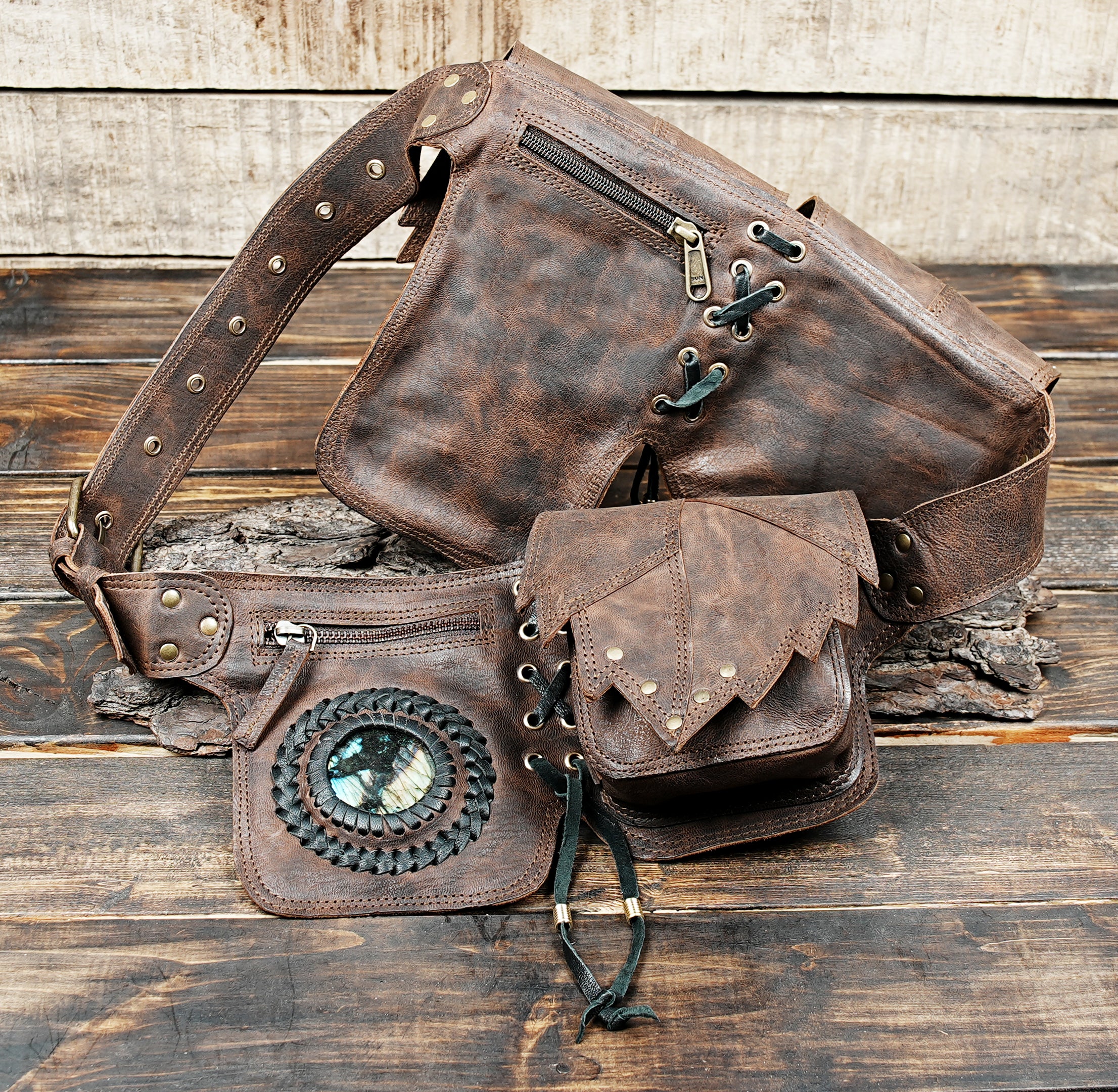 Artisan handcrafted leather waist bag with gemstone detail