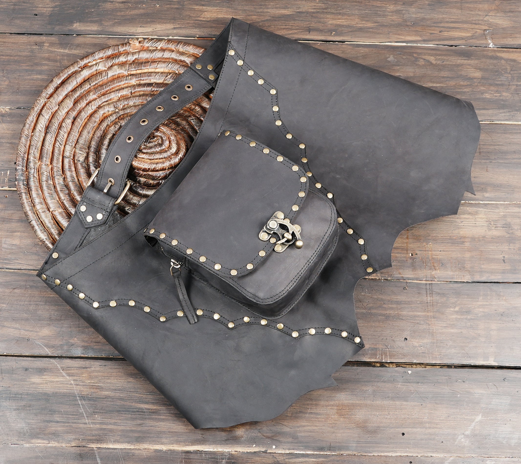 Decorative metal studs outlining the design for a bold tribal and steampunk vibe