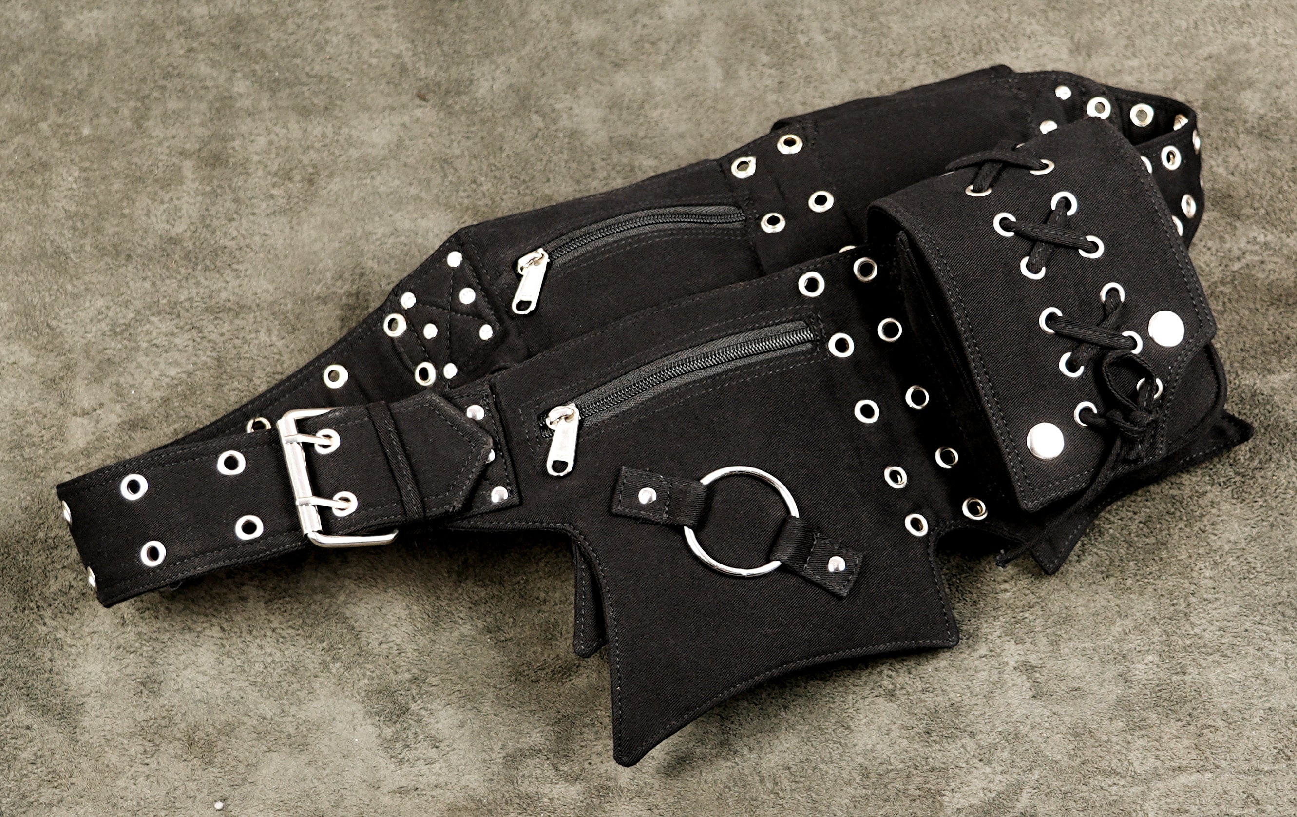 Steampunk black waist belt bag with criss-cross lacing and eyelets
