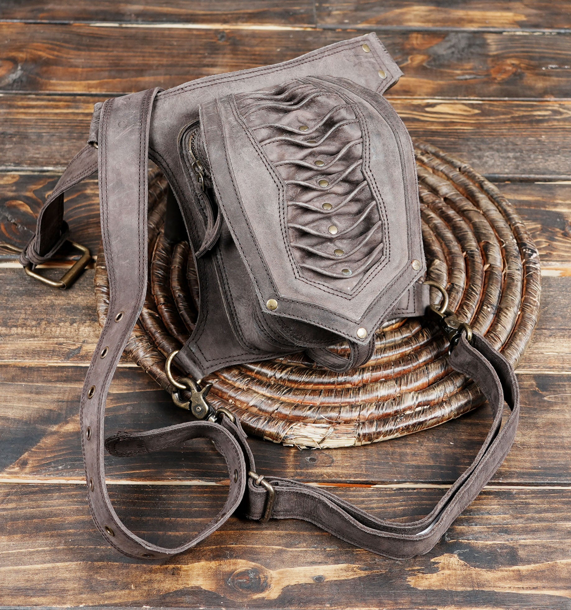 Handmade Leather Waist Thigh Belt with Textured Center Panel || Brown Leather Thigh Belt with Stitched Panel Design (LT/AB/WBTS/6013)