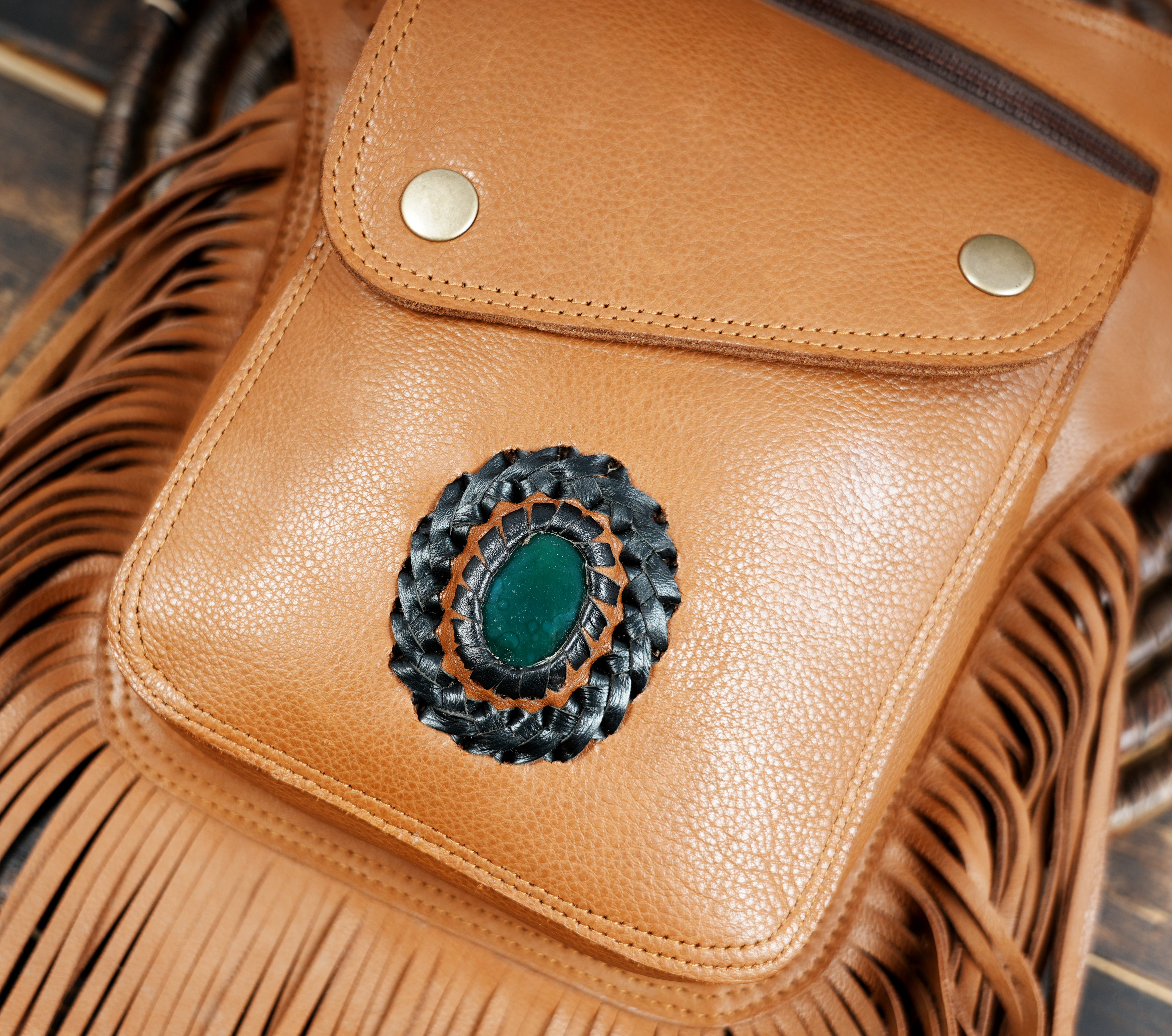 Brown leather utility waist belt with bohemian fringe design