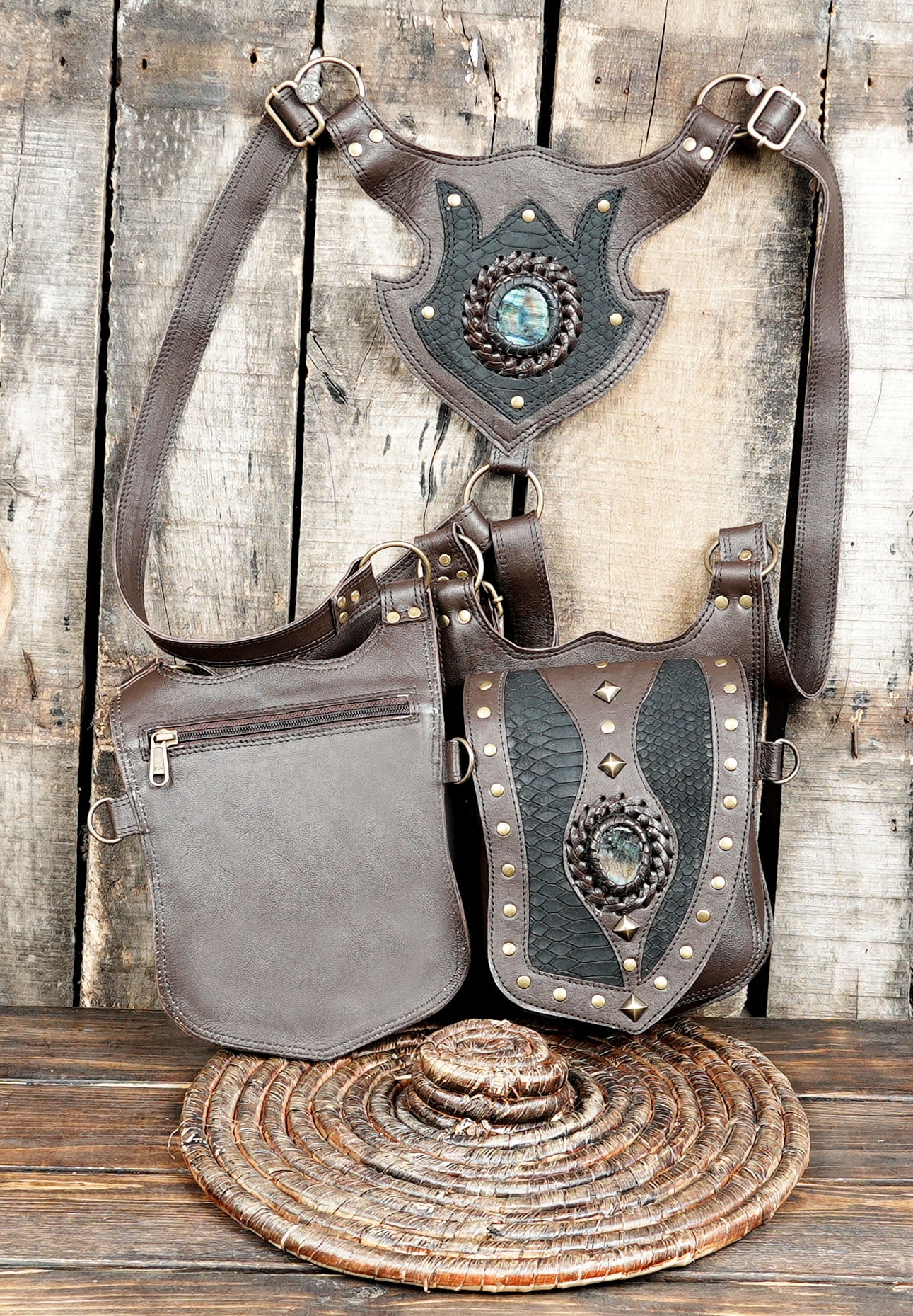 Handmade brown & black leather holster harness with dual pouches and gemstone detailing