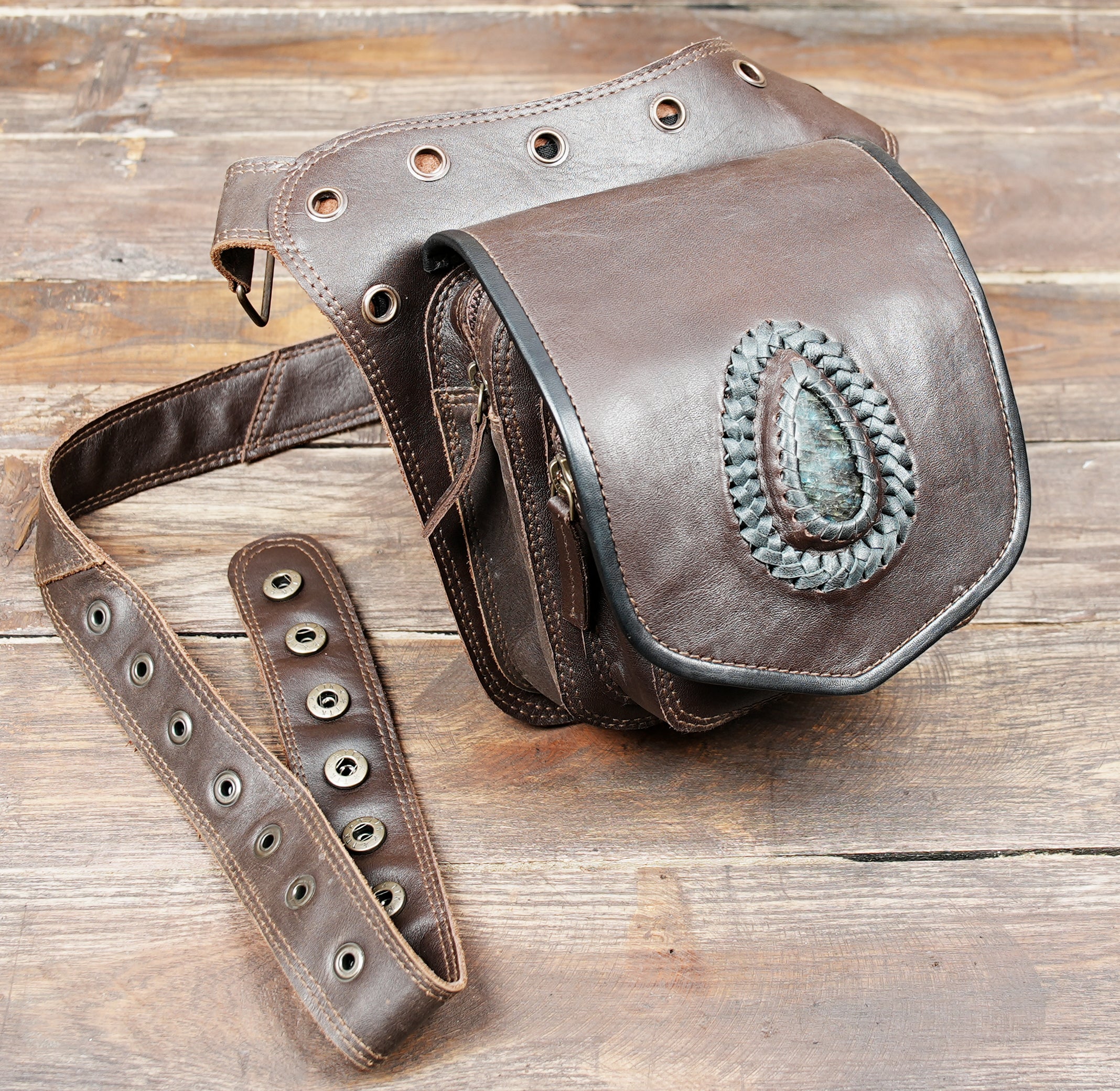 Leather waist pouch with gemstone centerpiece for festivals
