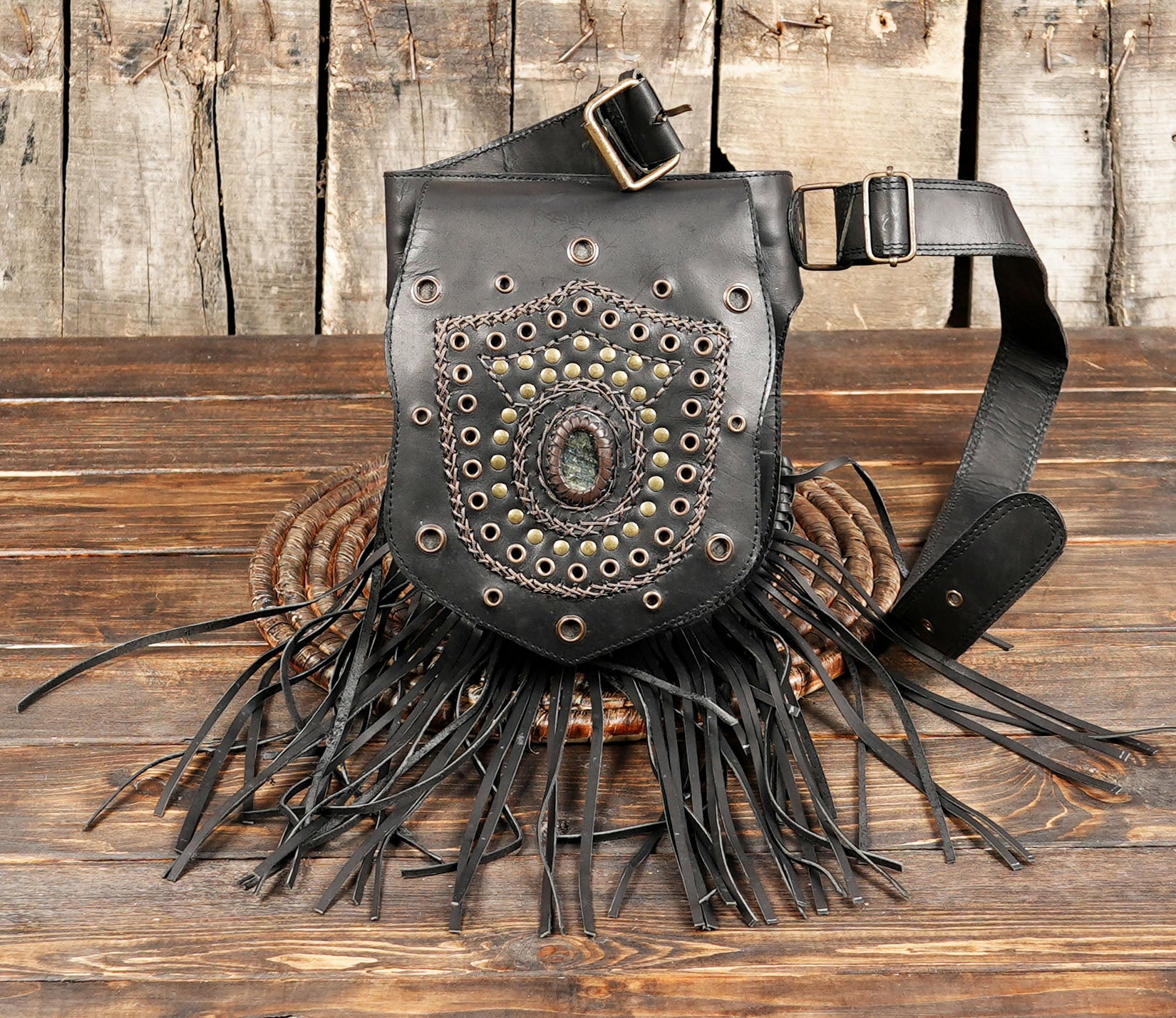 Handmade Genuine Leather Waist Belt with Gemstone || Gothic Boho Leather Belt Bag with Stone Centerpiece (LT-AB-WB-6124)