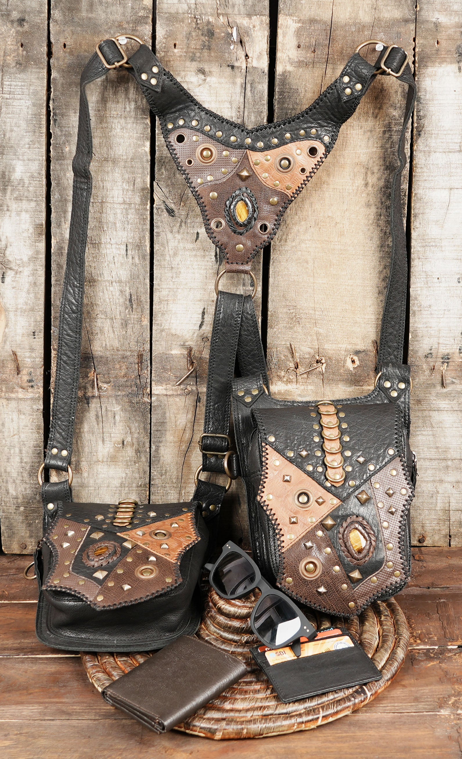 Handcrafted Leather Holster Bag – Dual Pouch, Adjustable Straps, Unisex with metal gemstone 