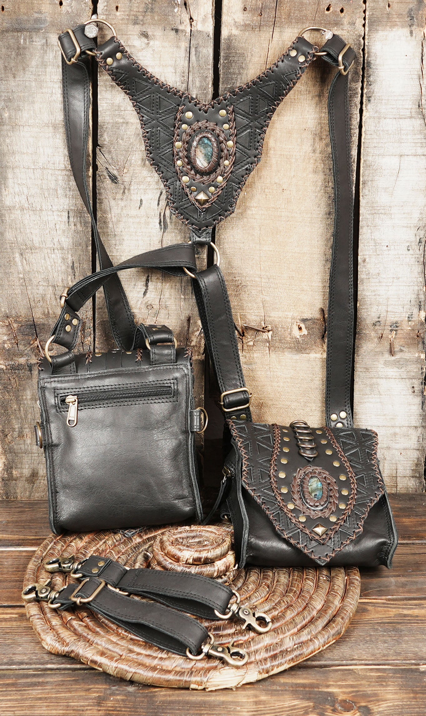 “Handcrafted leather chest holster with two pouches and detailed stitching”