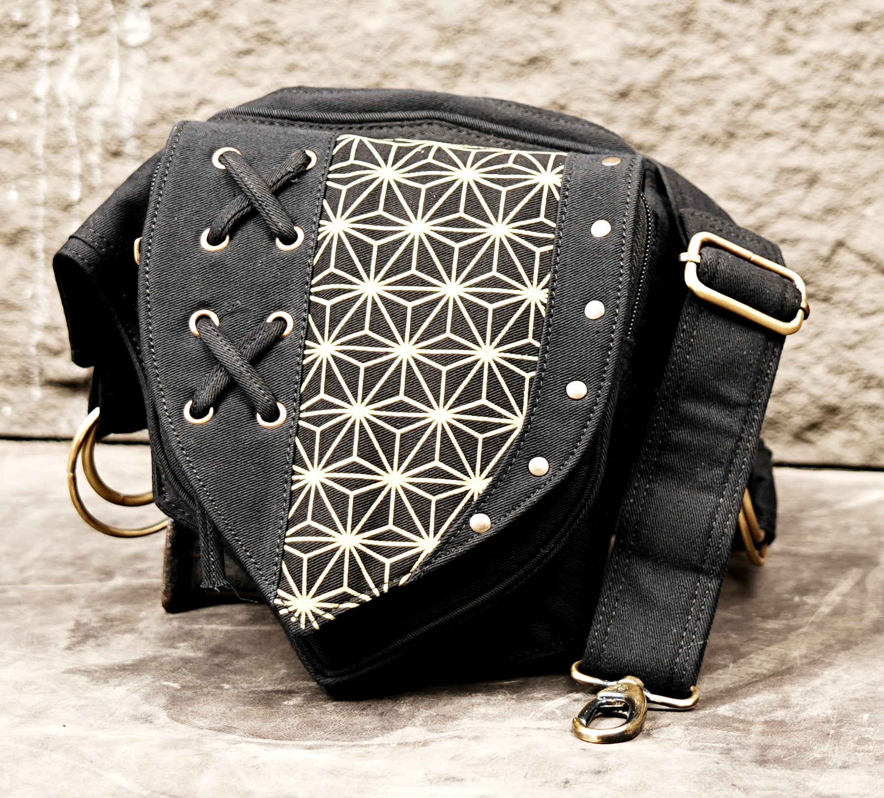 Black Cotton Waist Belt Bag, Geometric Festival Hip Pouch, Lace Up Utility Pack, Unisex Travel Accessory (CTN/AB/WB/1002)