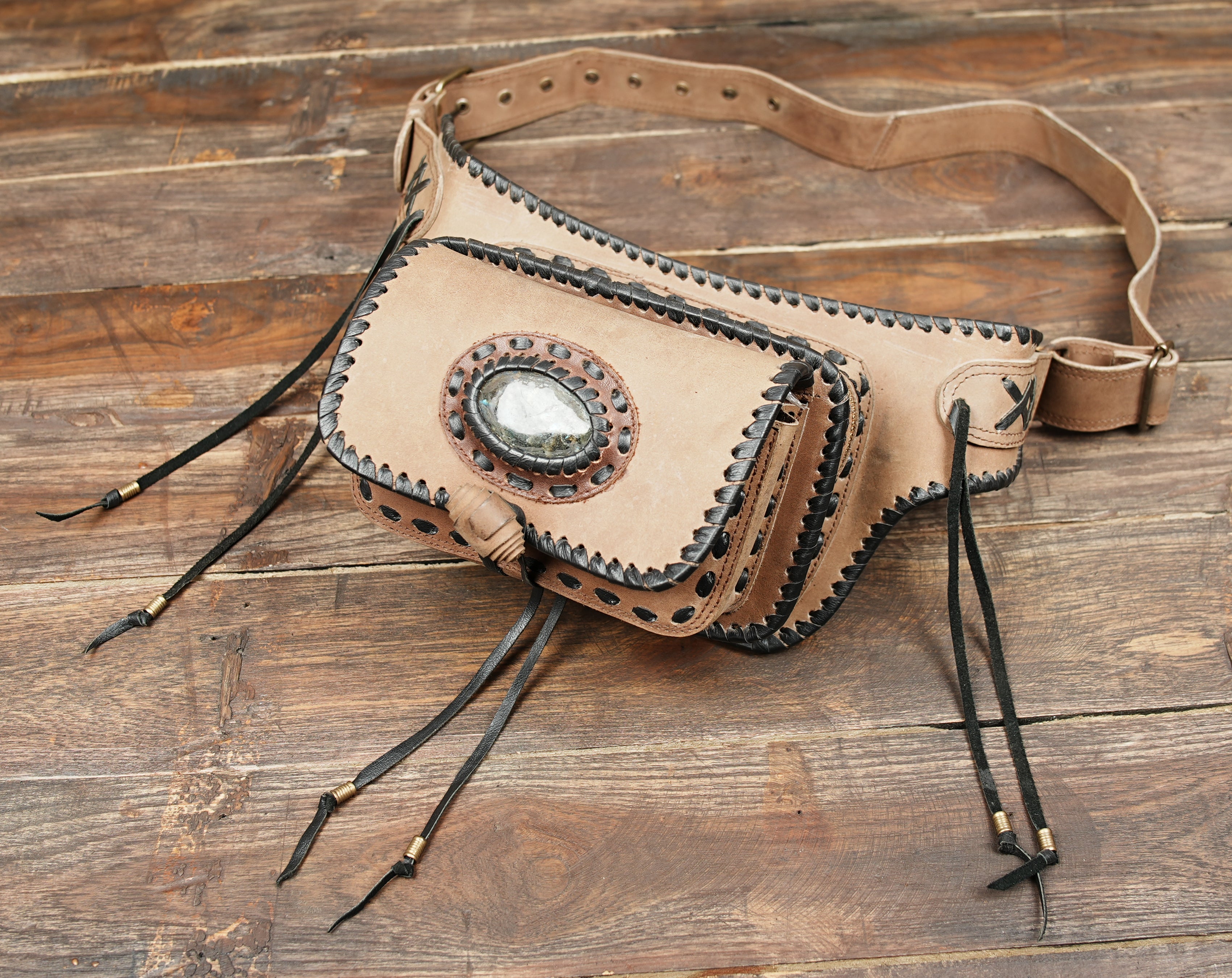 Leather belt pouch designed for festivals and outdoor wear