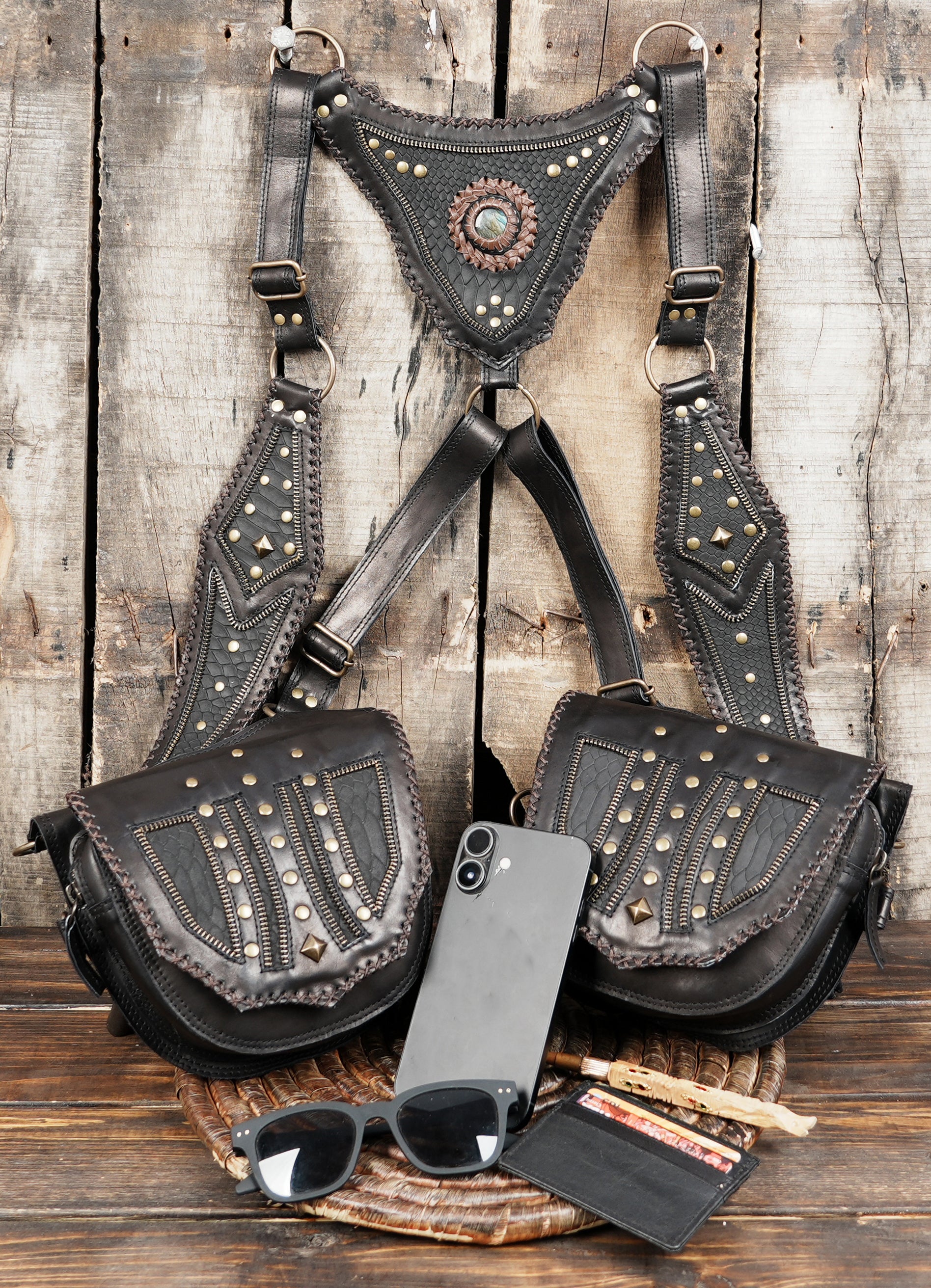 leather harness bag merging utility and fashion with twin pouches