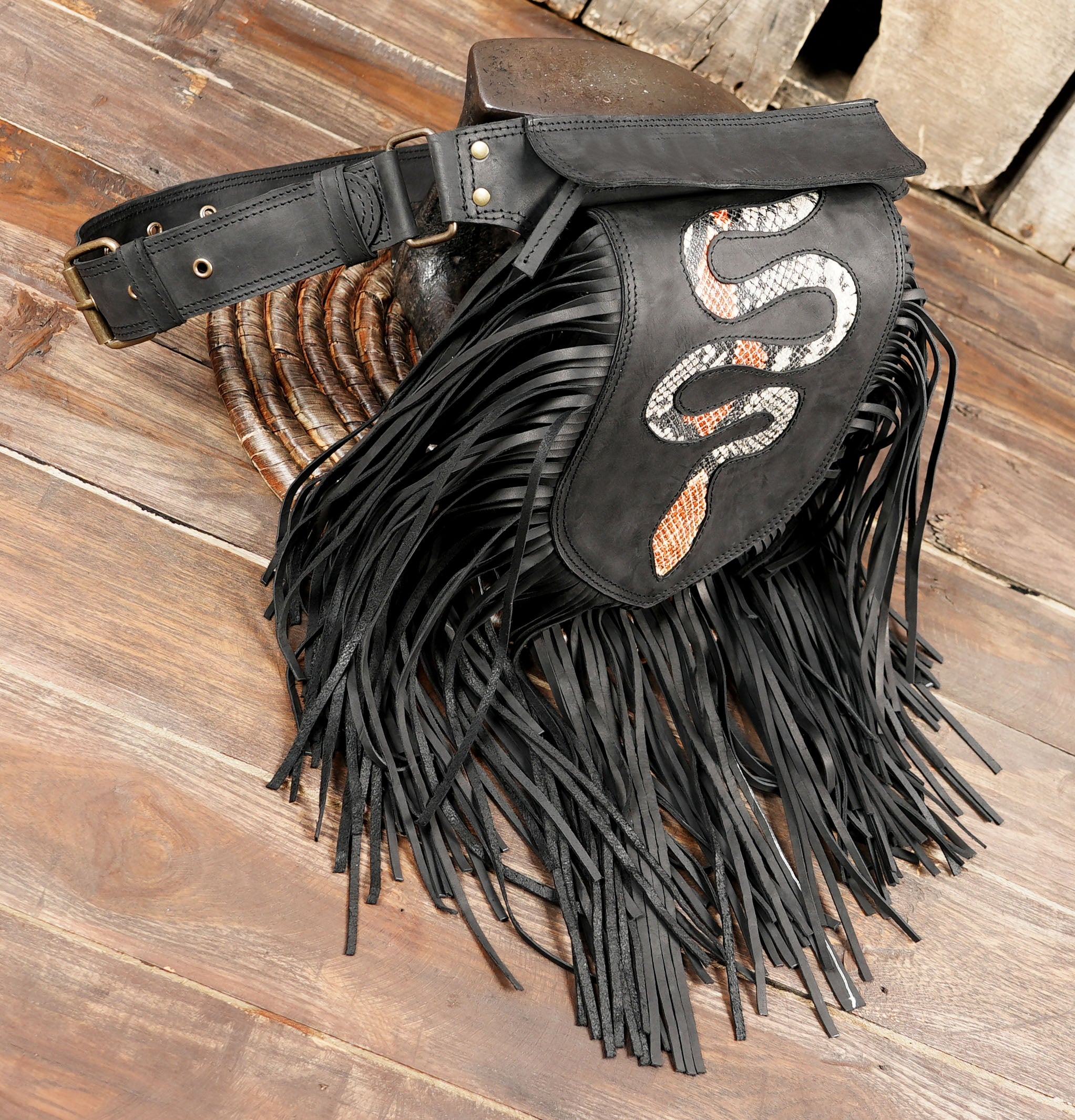 Handmade Black Leather Hip Bag with Fringe – Boho Waist Belt Pouch, Utility Waist Bag with Long Fringe For Unisex (LT/AB/WB/6198)