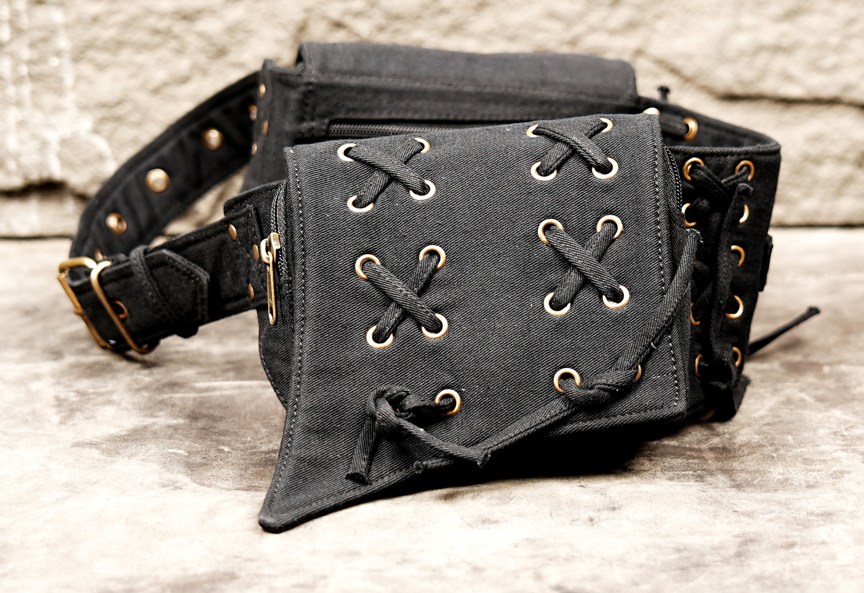 Black lace-up waist belt with metal eyelets