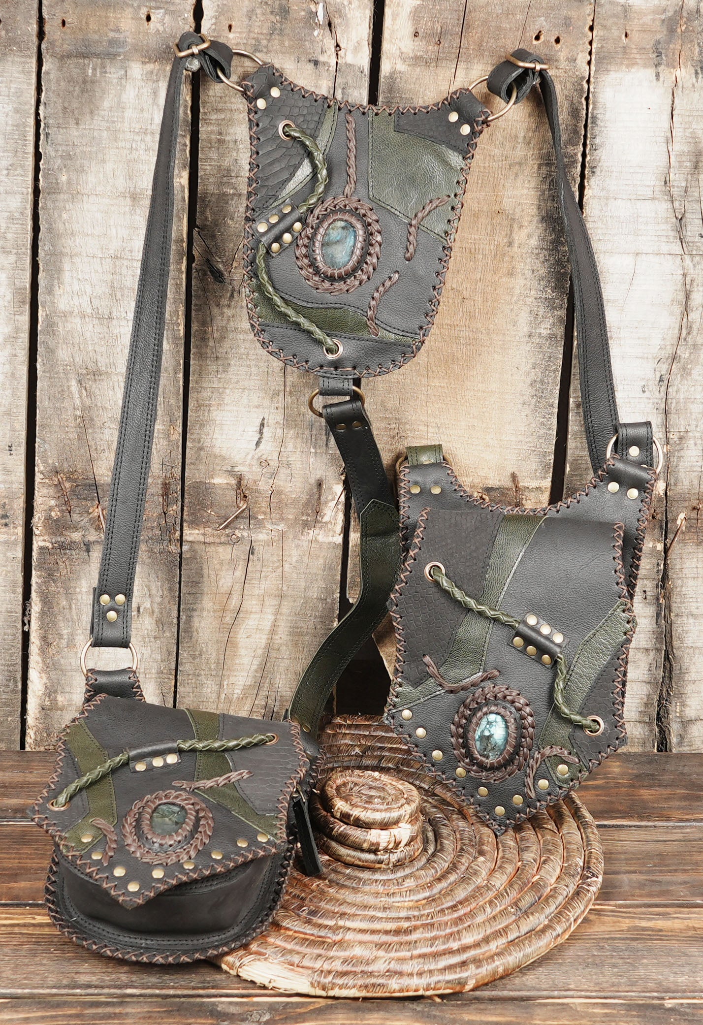 Handmade Leather Holster Harness with Gemstone Accent | Steampunk Leather Holster Belt for Unisex | Dual Pocket Leather Harness | Festival Cosplay Bag (LT/AB/HLS/6090)