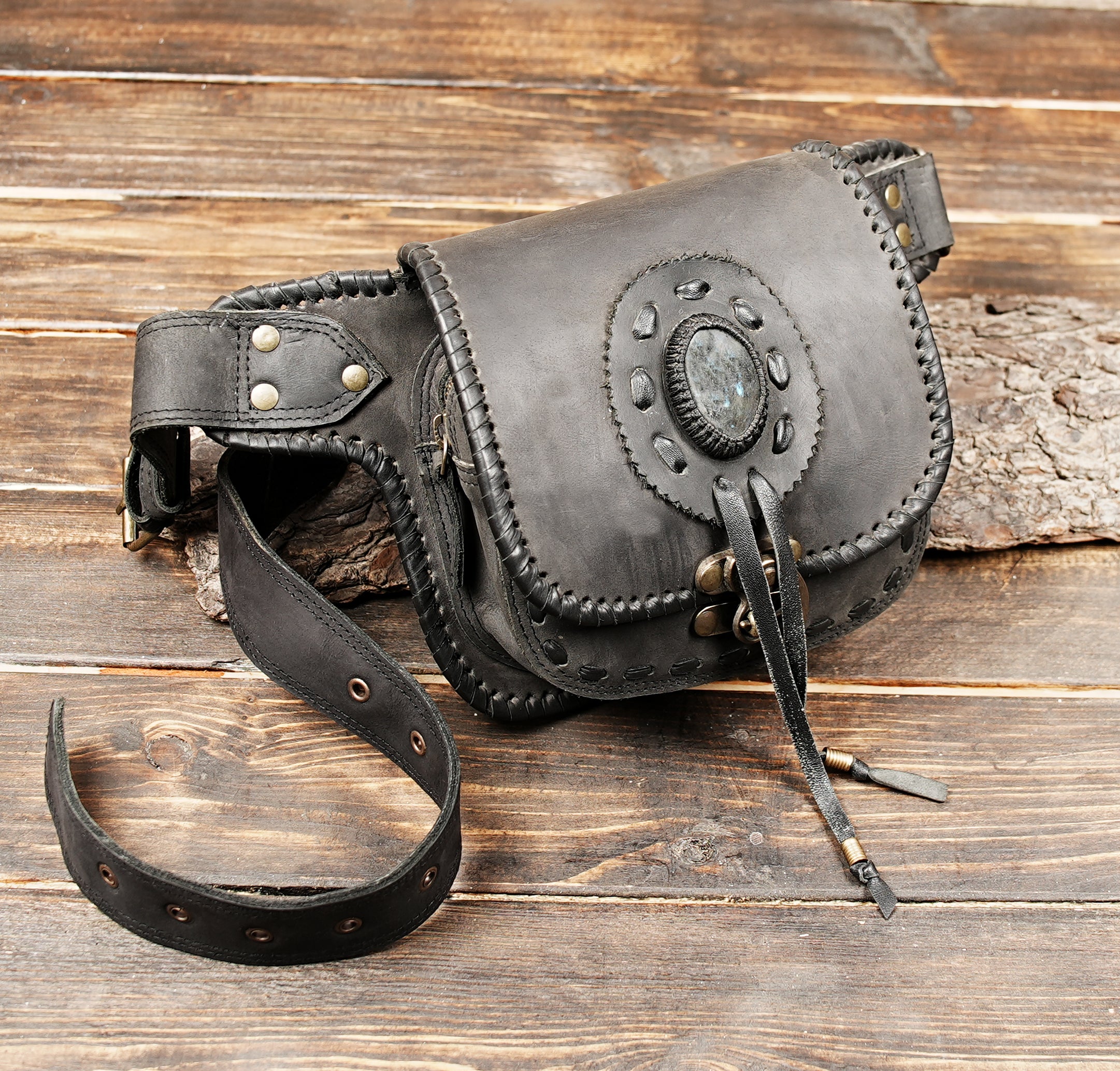 Gothic festival leather pouch with gemstone centerpiece