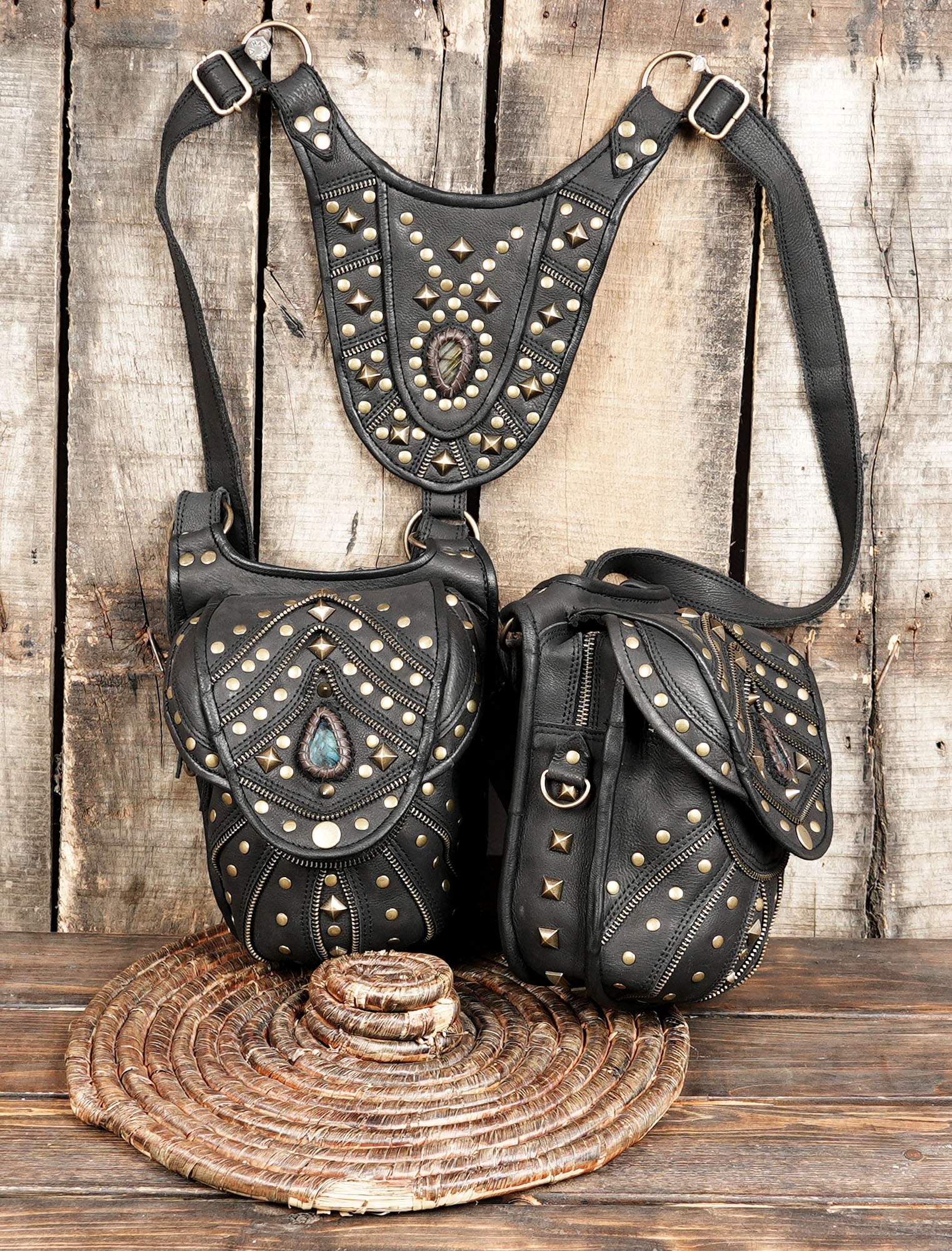 Handcrafted Leather Holster with Labradorite Stone Accents || Boho Style Leather Dual Pouch Holster with Gemstone Detail (LT-AB-HLS-6099)