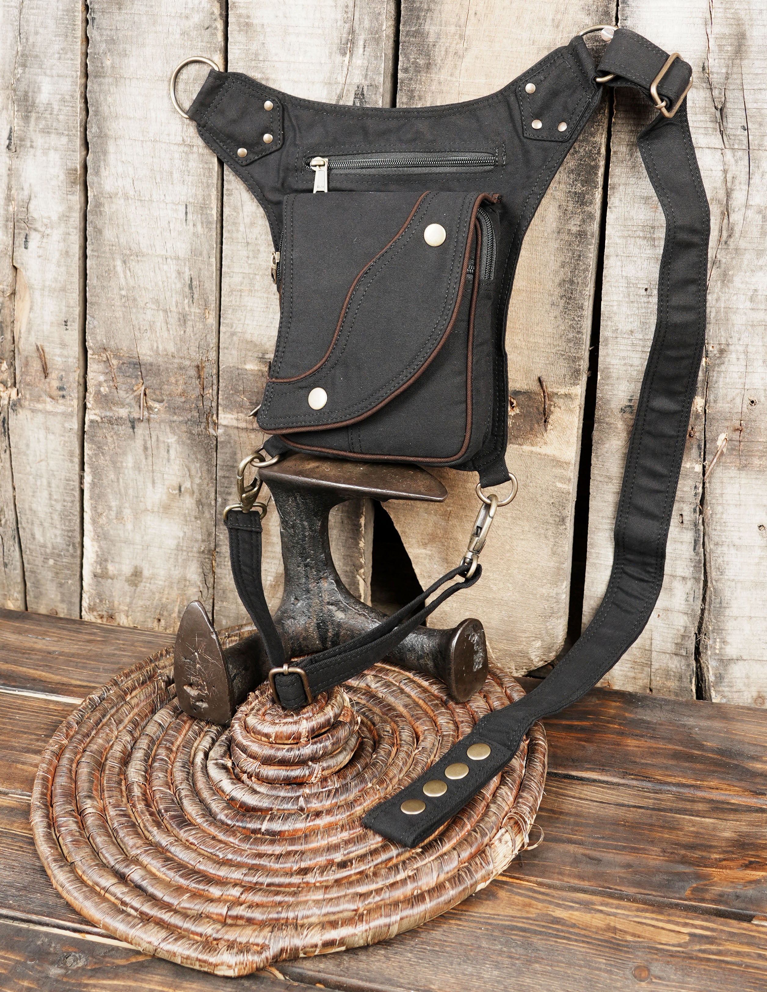 Bohemian festival waist belt bag with secure detachable leg strap and dual snap closures.