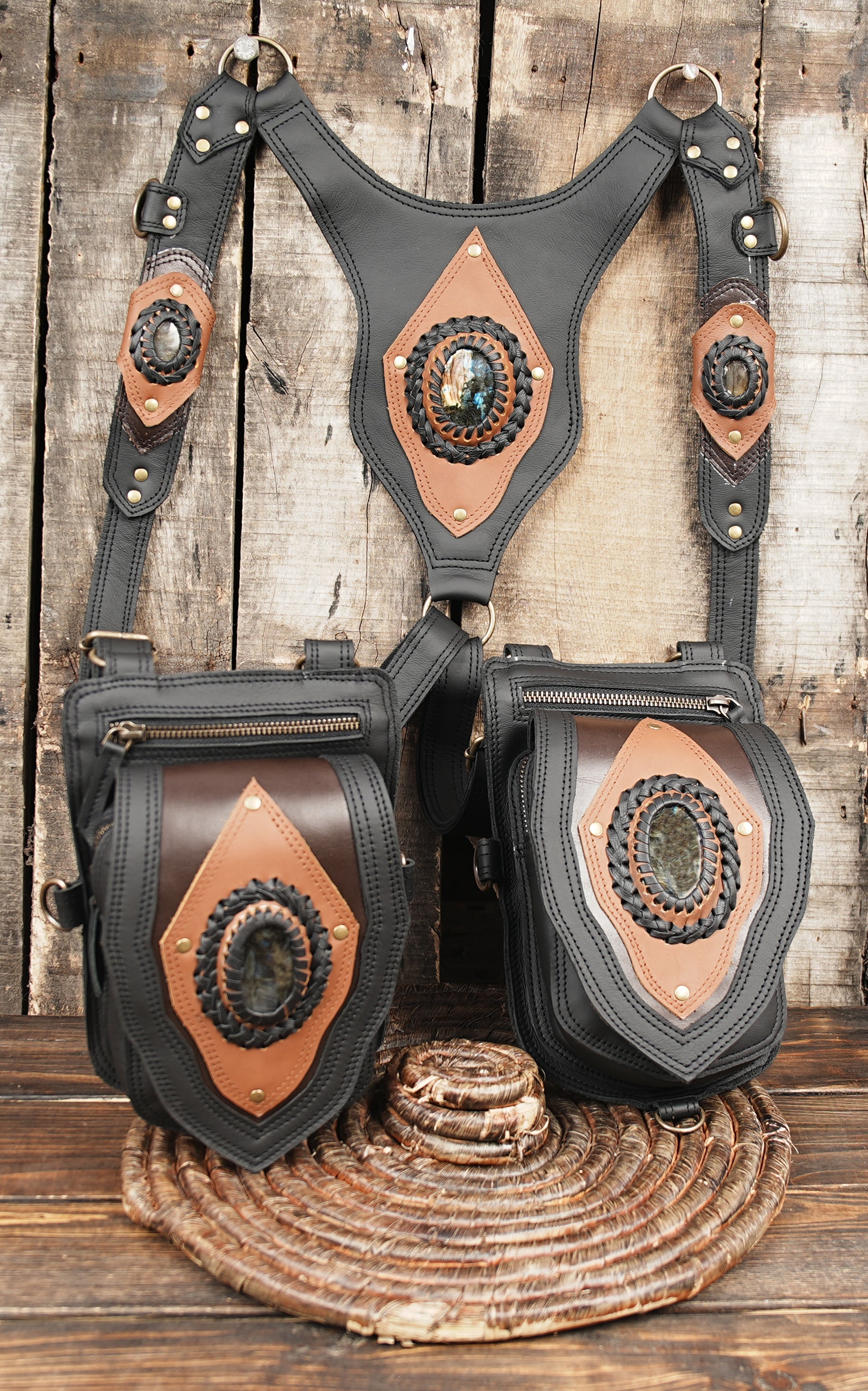 Unique Handmade Leather Holster Bag with Gemstone 
