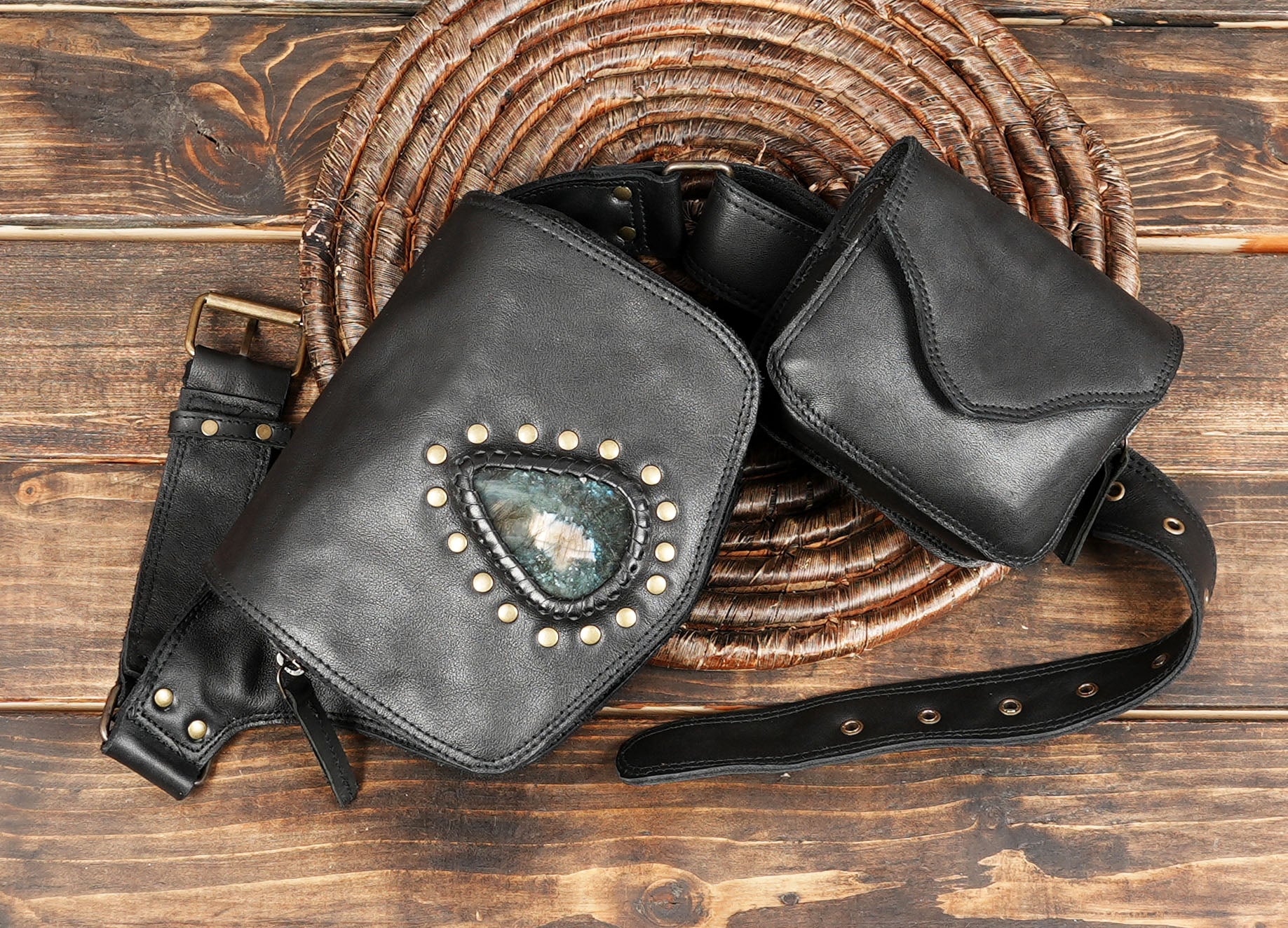 Handmade Black Leather Fringe Waist Bag: Labradorite Gemstone Belt Pouch
