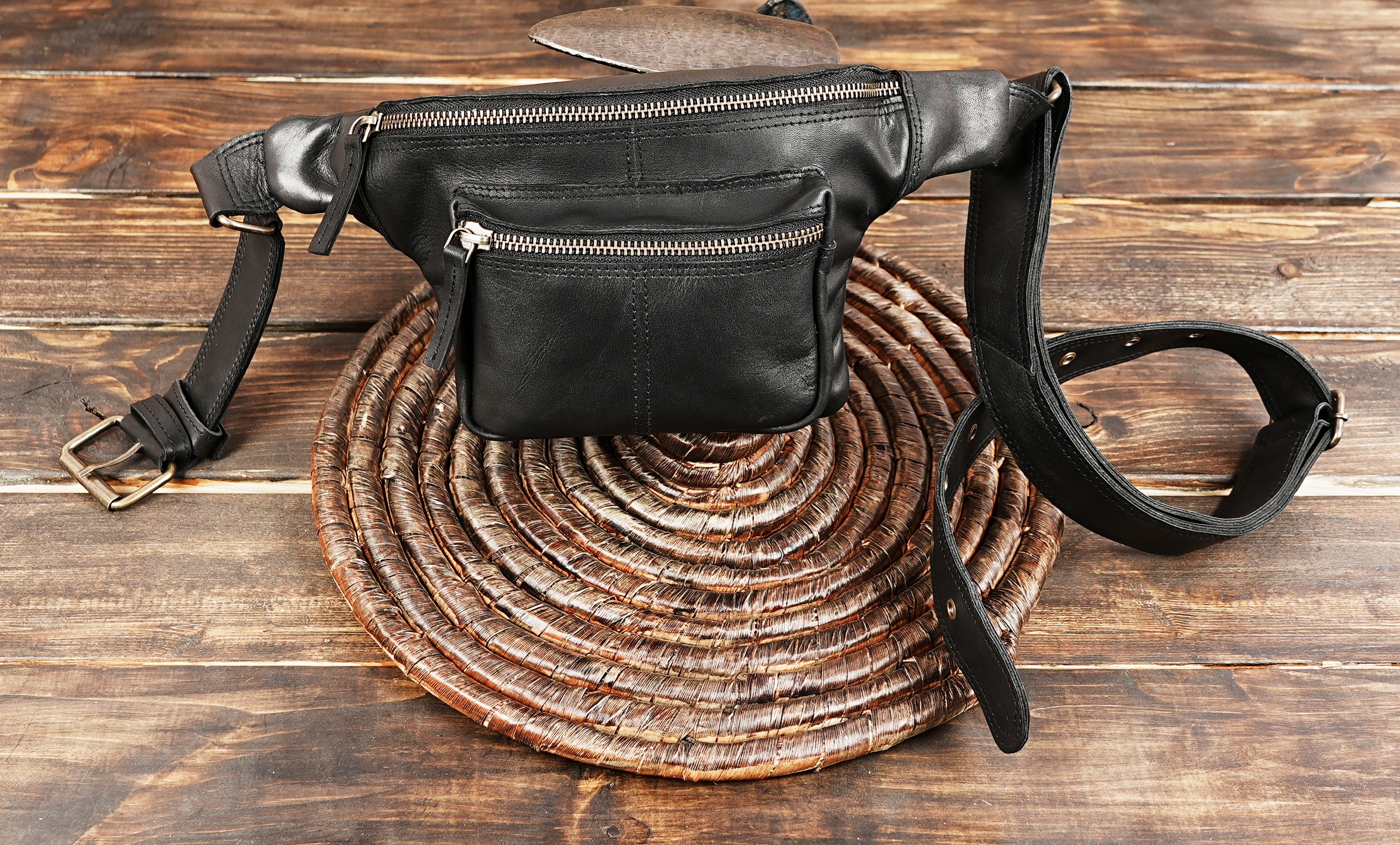 black Leather Fanny Pack with 2 Zippered Compartments - Unisex Waist Bag