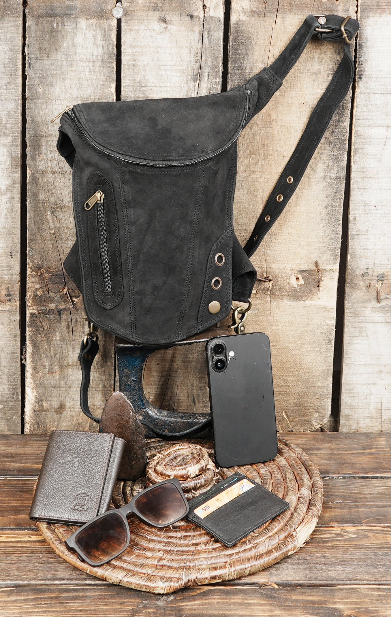 Utility leather waist belt with thigh strap and secure snap buttons