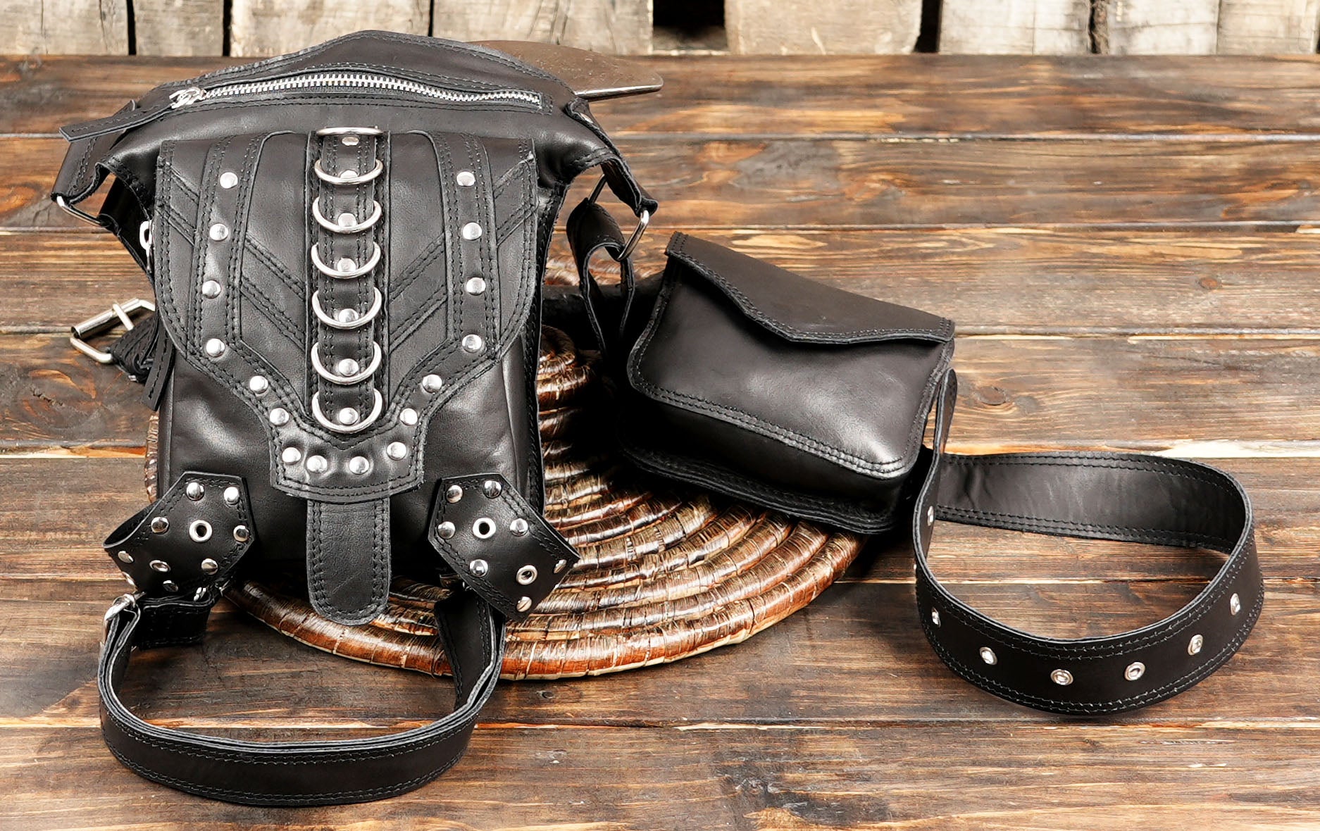 Rugged handmade leather waist and thigh bag for American festival style